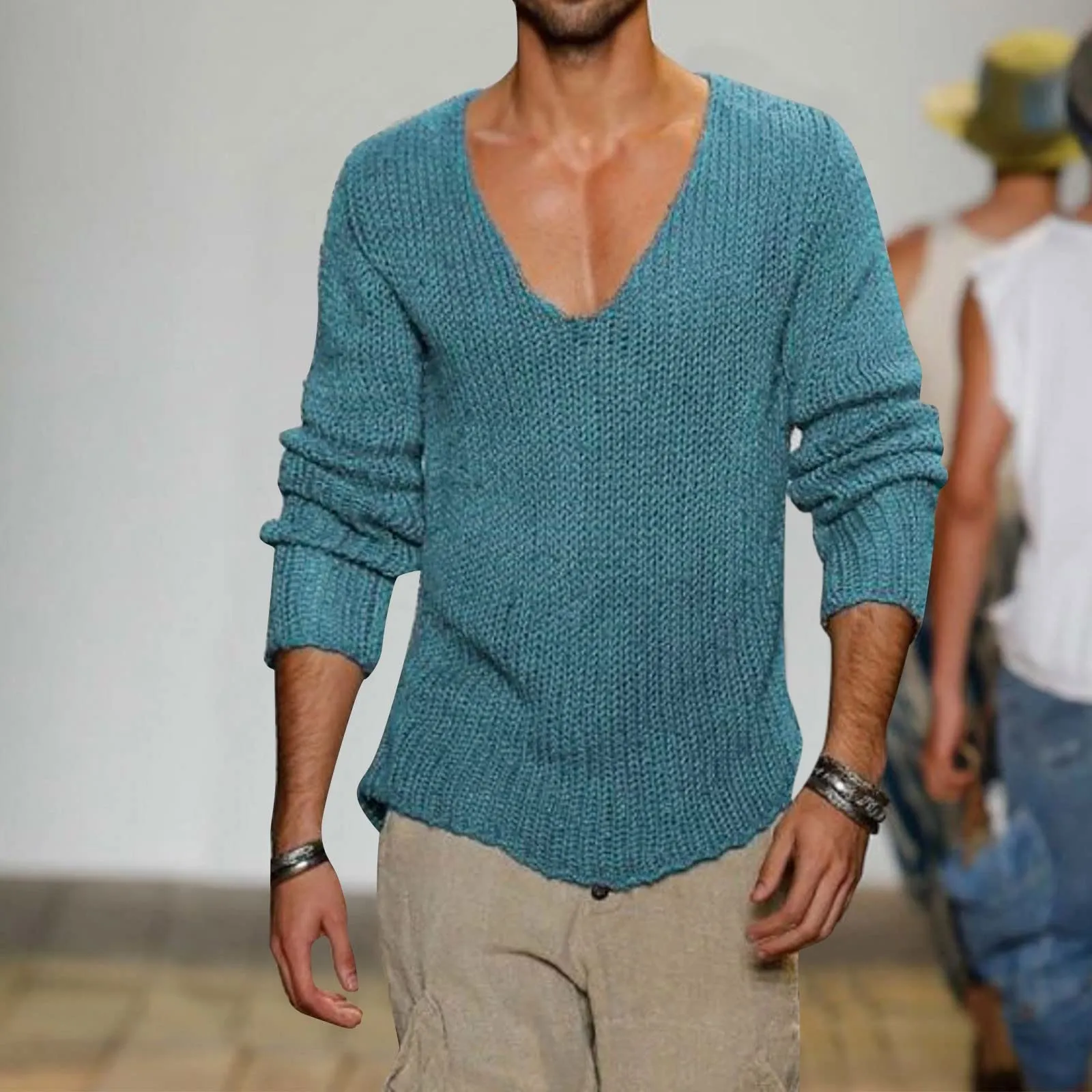 Duohropke Maglia da Uomo a Maniche Lunghe con Scollo a V, Slim Fit, Blu, 3XL - immagine 2