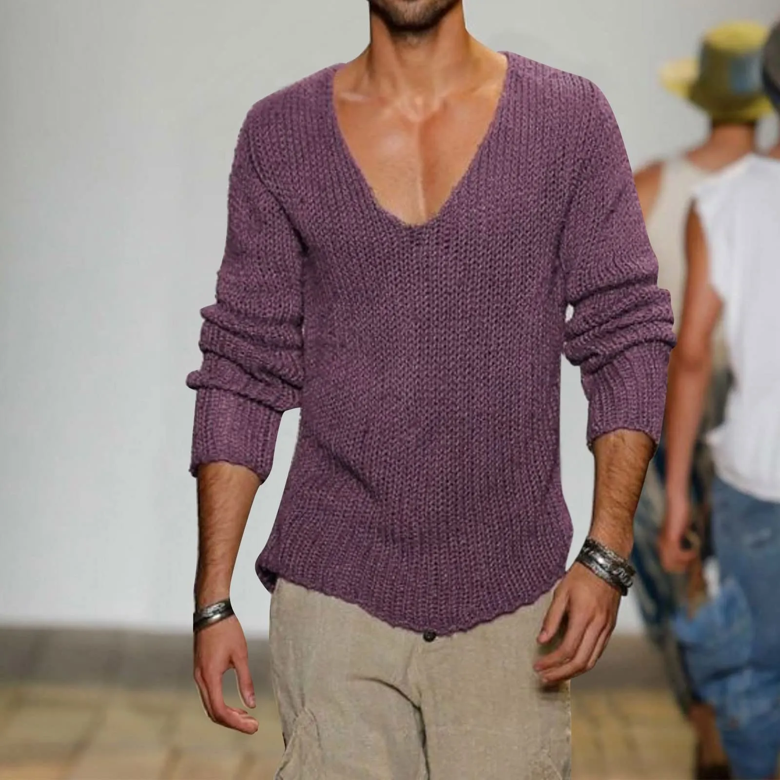 Duohropke Maglia a maniche lunghe da uomo con scollo a V, Slim Fit, Lilla, L - immagine 2