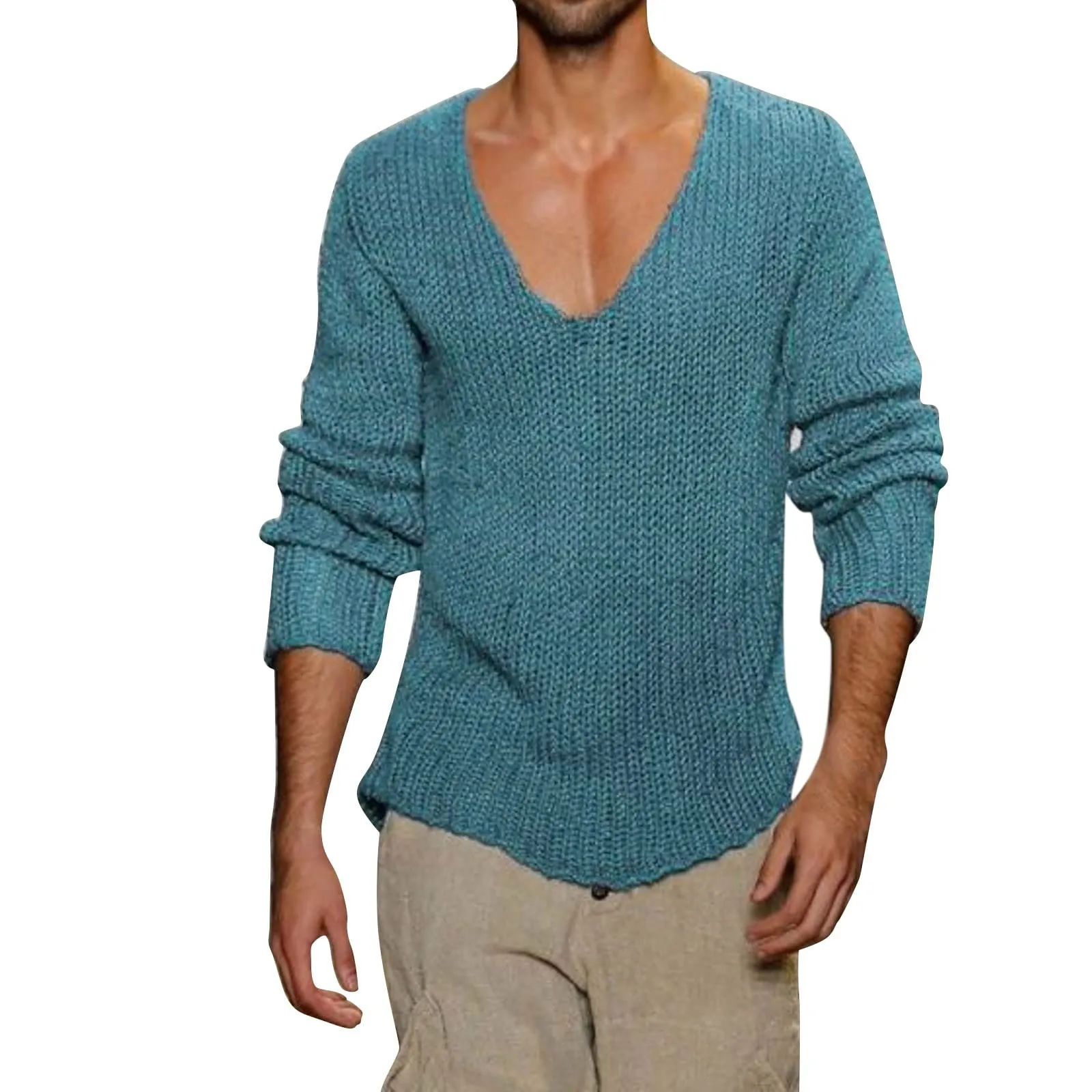 Duohropke Maglia a maniche lunghe da uomo con scollo a V, Slim Fit, Blu, XXL - immagine 1