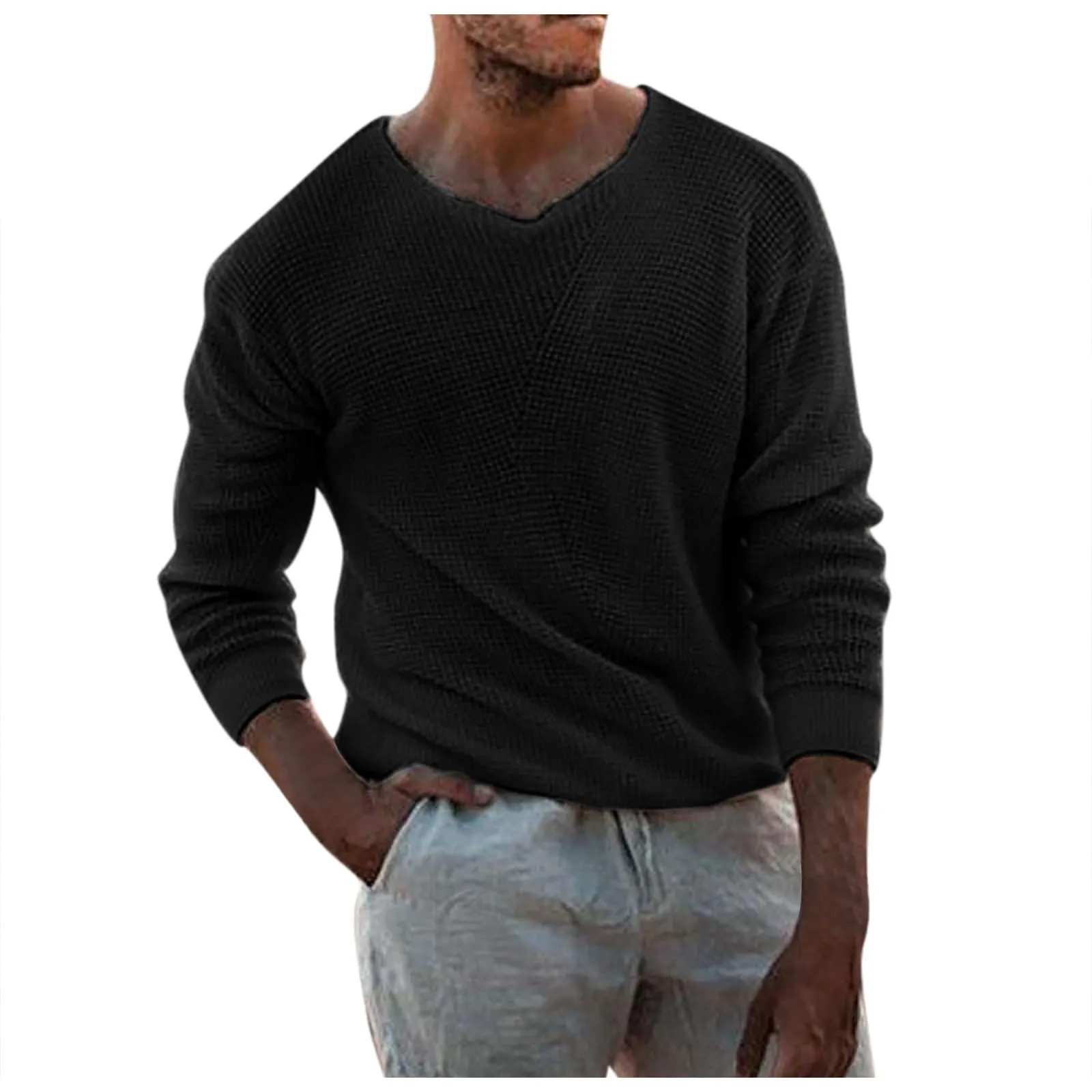 Duohropke Maglia a maniche lunghe da uomo con scollo a V, slim fit, nero, L - immagine 1