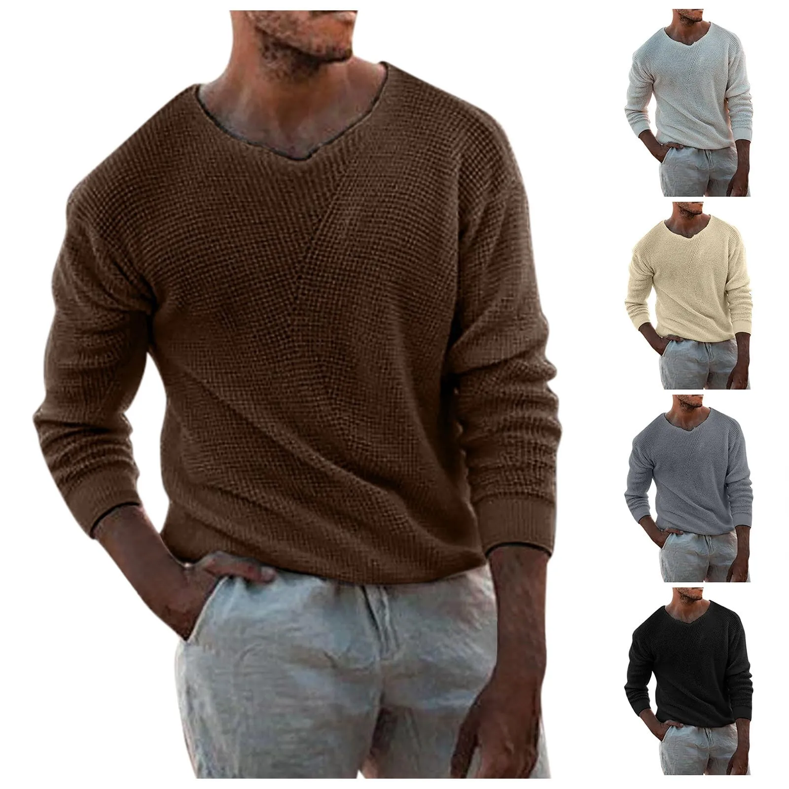 Duohropke Maglia a maniche lunghe da uomo con scollo a V, slim fit, beige, XL - immagine 6