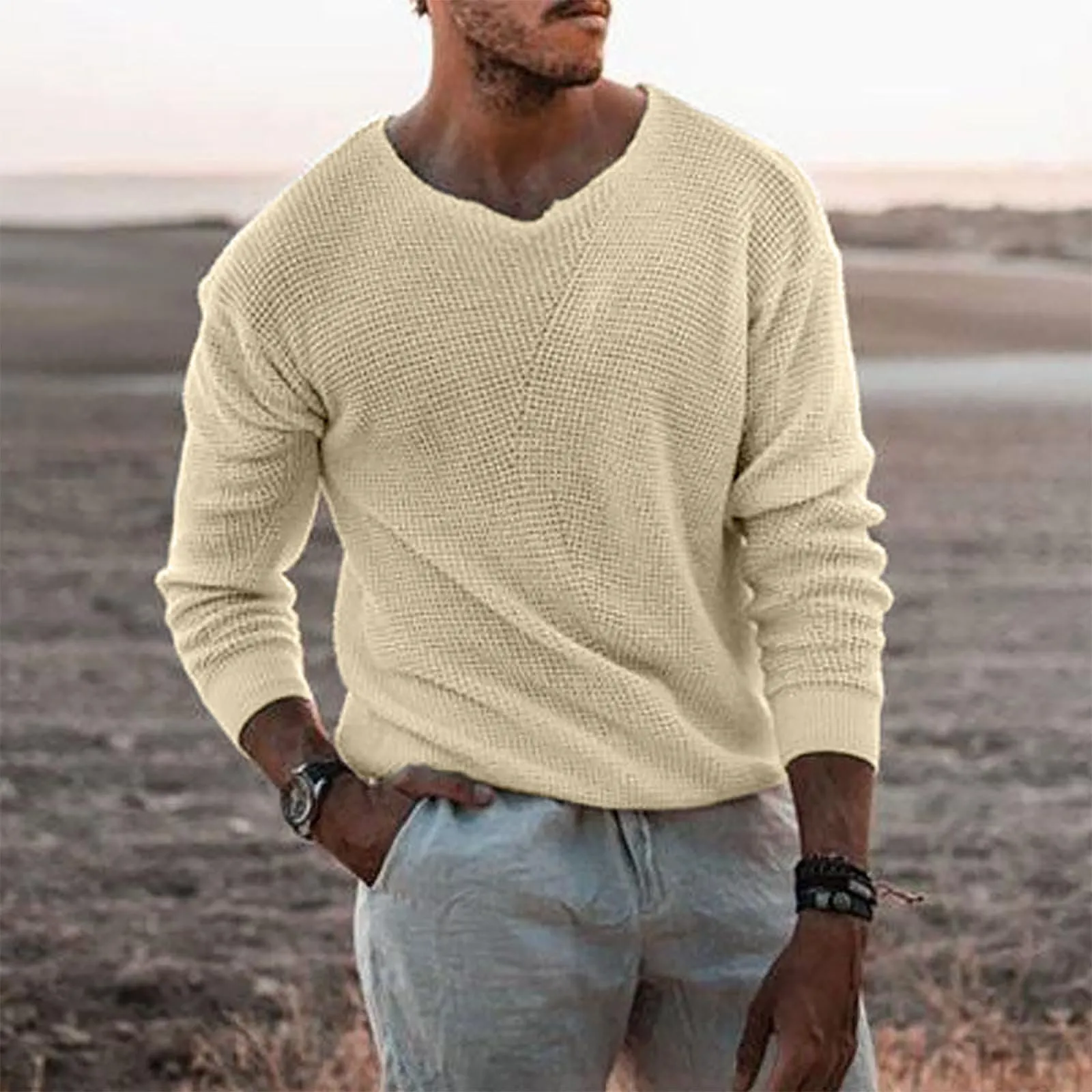 Duohropke Maglia a maniche lunghe da uomo con scollo a V slim fit, beige, L - immagine 3