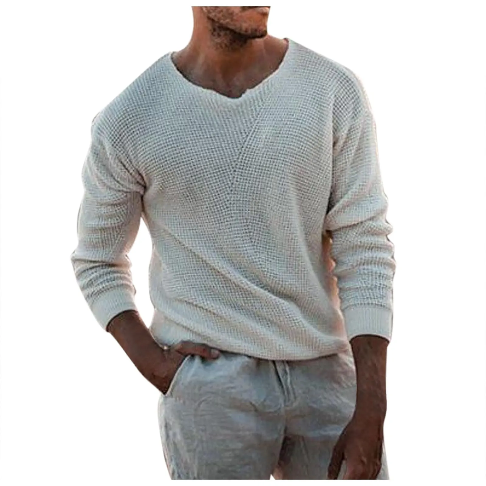 Duohropke Maglia a maniche lunghe da uomo con scollo a V, Slim Fit, Bianco, XL - immagine 1