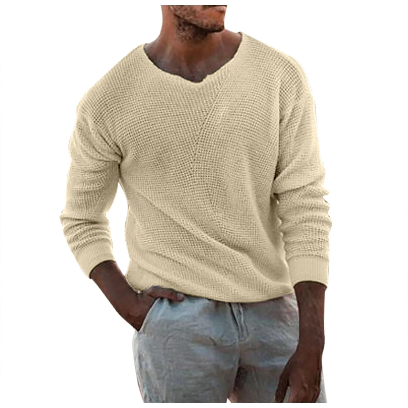 Duohropke Maglia a maniche lunghe da uomo scollo a V slim fit, 01 beige, S - immagine 1