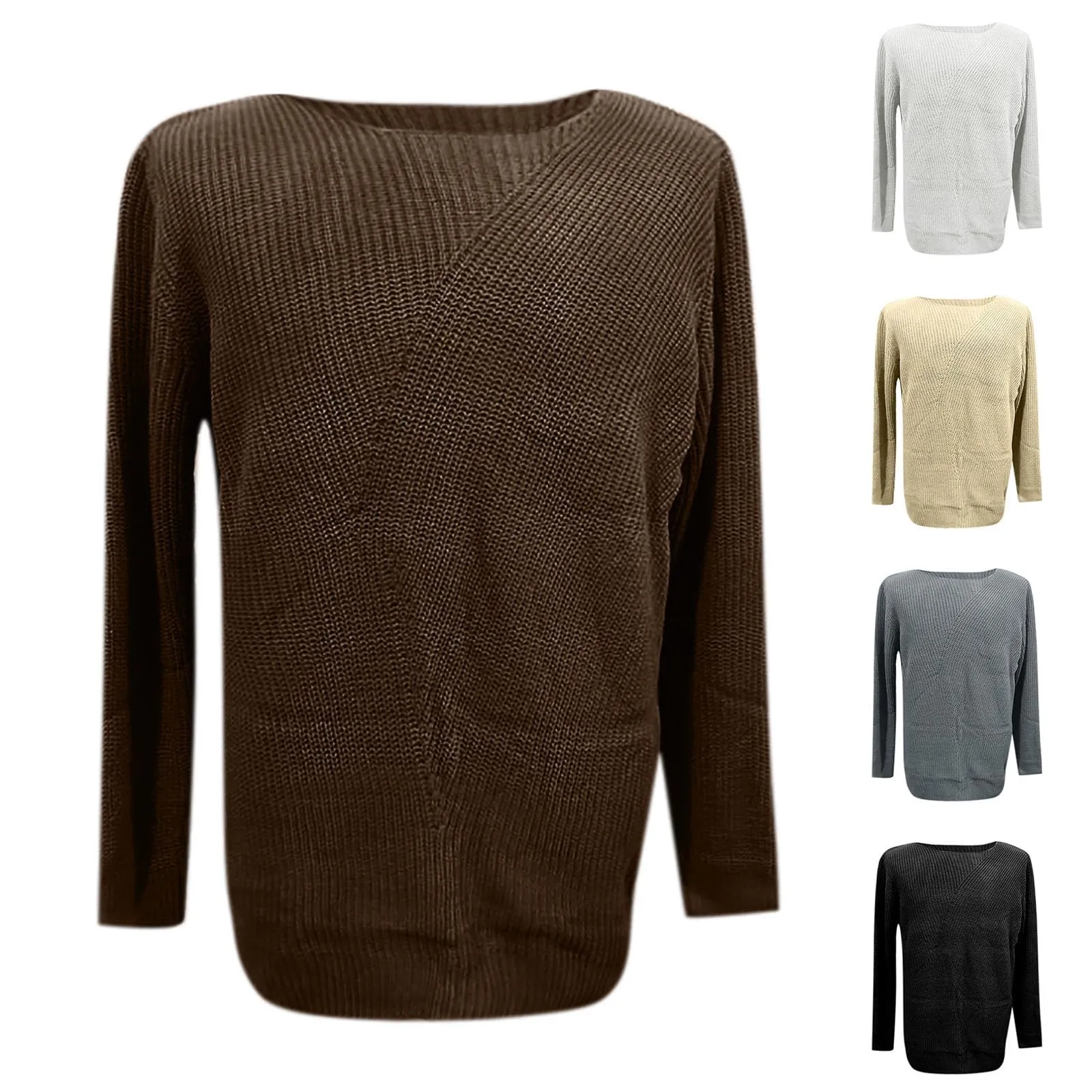 Duohropke Maglia a Maniche Lunghe da Uomo Scollo a V Slim Fit Beige, M - immagine 5