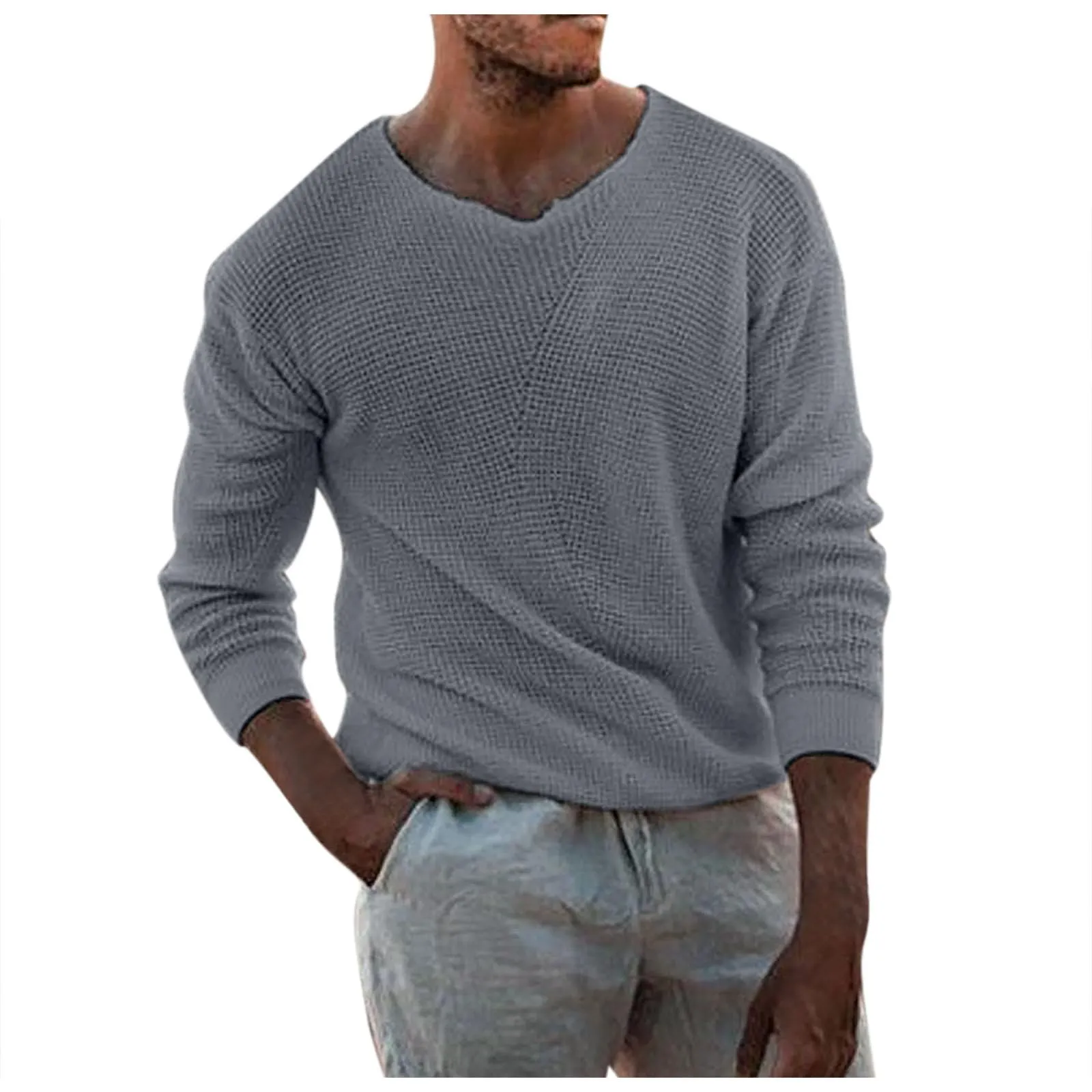Duohropke Maglia a Maniche Lunghe Uomo Scollo a V Slim Fit, Grigio, XL - immagine 1