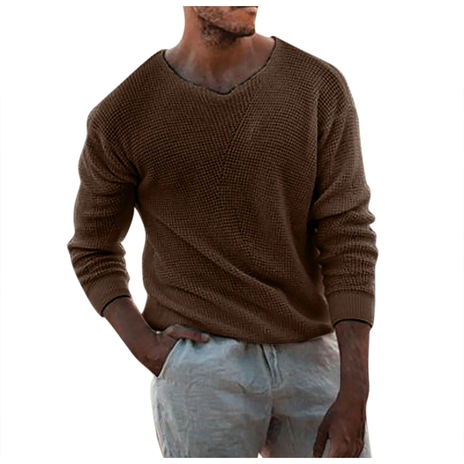 Duohropke Maglia a maniche lunghe da uomo con scollo a V slim fit, caffè, XXL - immagine 1