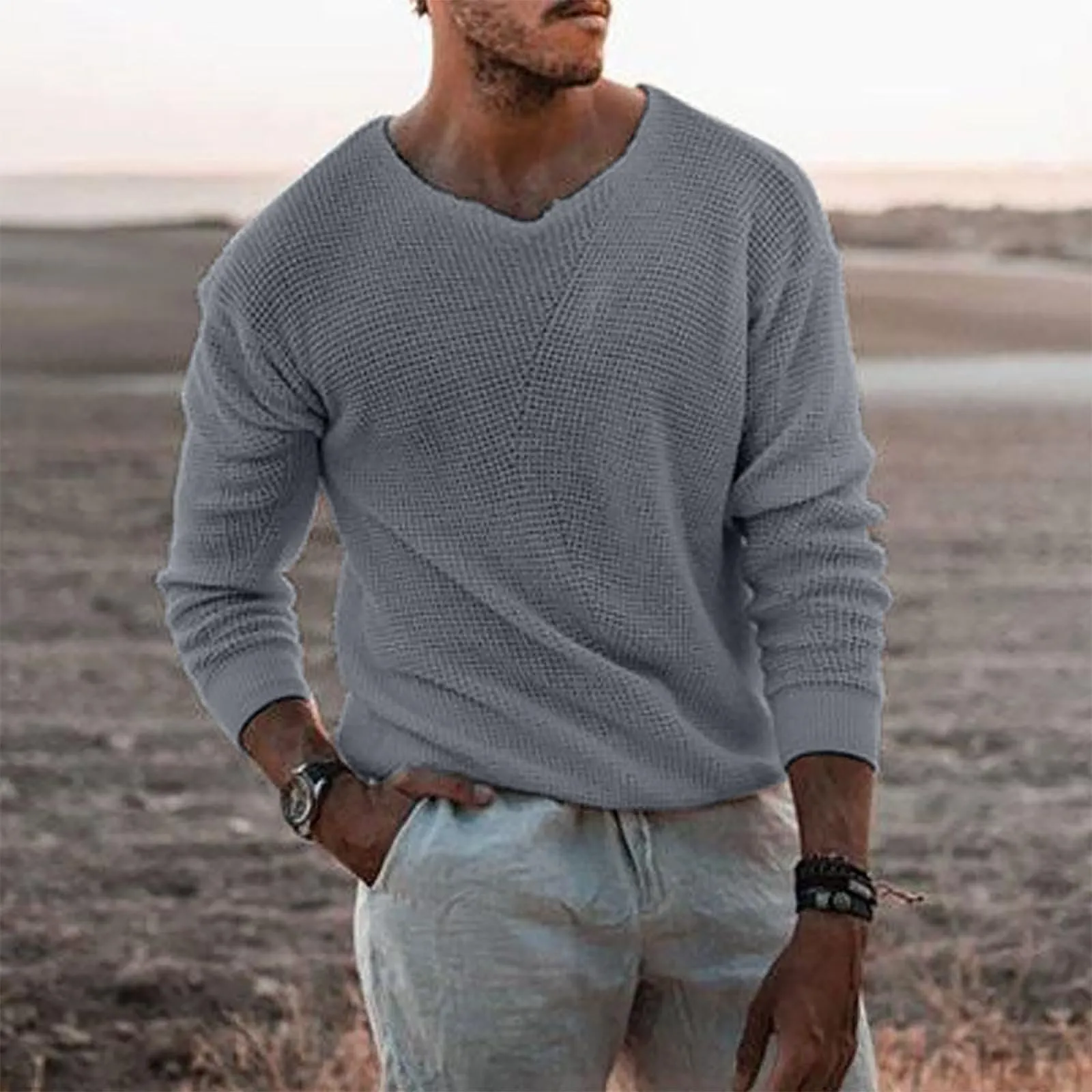Duohropke Maglia a maniche lunghe da uomo con scollo a V slim fit, grigio, XXL - immagine 2