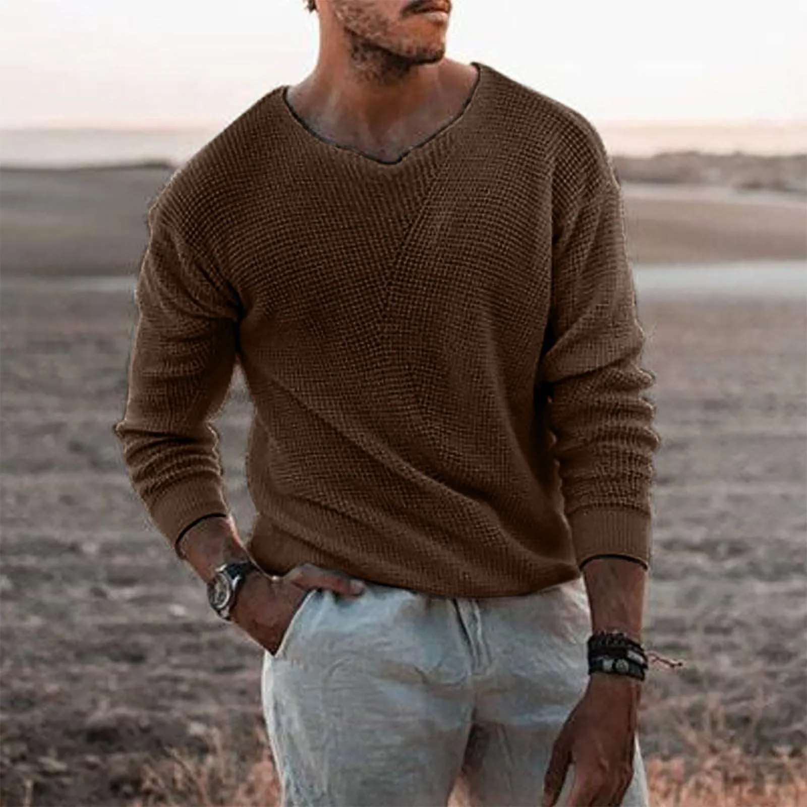 Duohropke Maglia a maniche lunghe da uomo scollo a V slim fit, Caffè, M - immagine 2