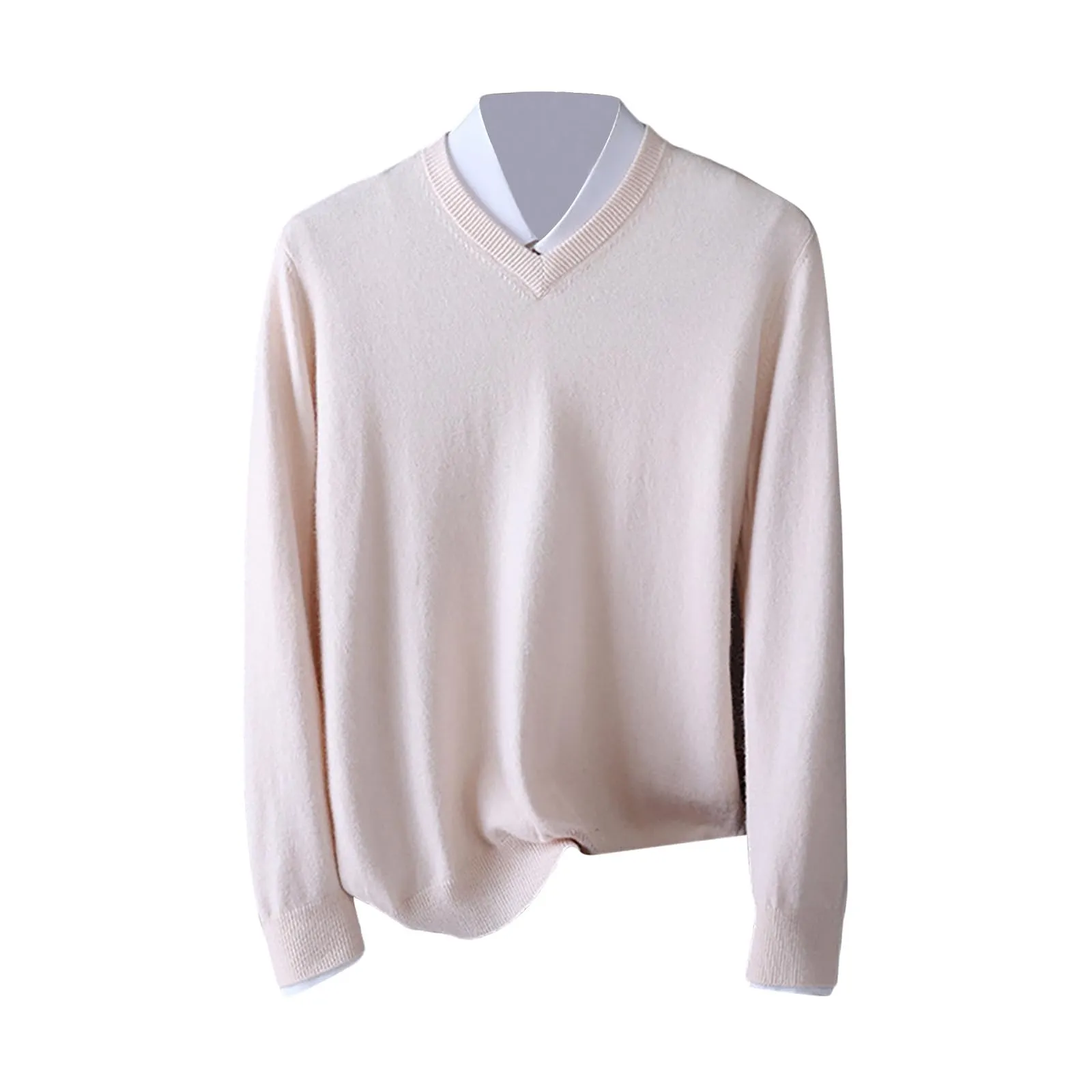Duohropke Maglia a Maniche Lunghe da Uomo Scollo a V Slim Fit, Tinta Unita, Beige, L - immagine 4