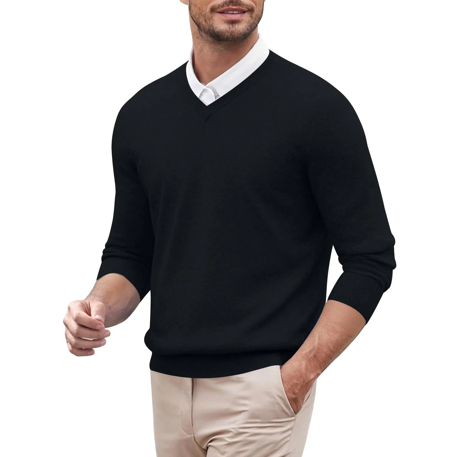 Duohropke Maglia a maniche lunghe da uomo con scollo a V, slim fit, tinta unita, nero, M - immagine 1