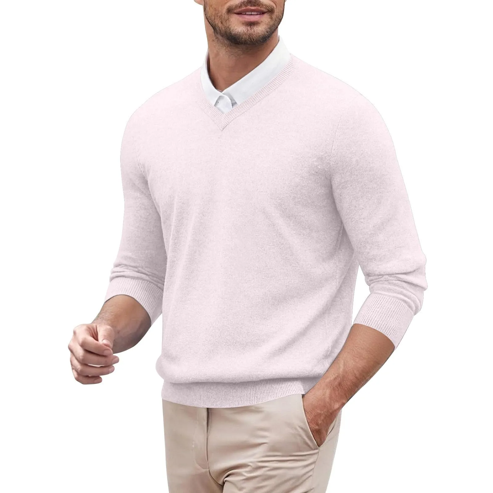 Duohropke Maglia a maniche lunghe da uomo con scollo a V, slim fit, tinta unita, 02 beige, 3XL - immagine 1
