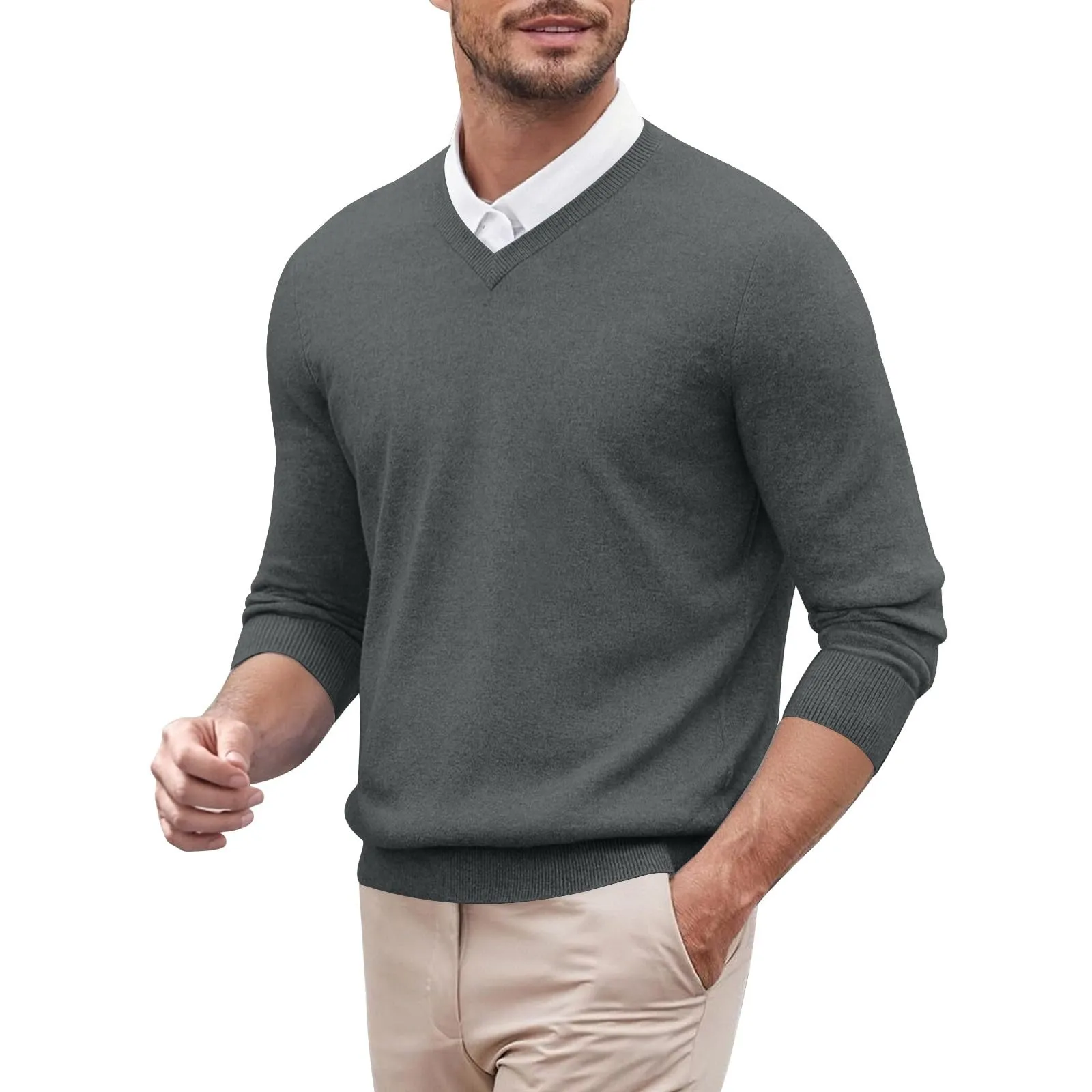 Duohropke Maglia a maniche lunghe da uomo con scollo a V, slim fit, tinta unita, grigio scuro, L - immagine 1