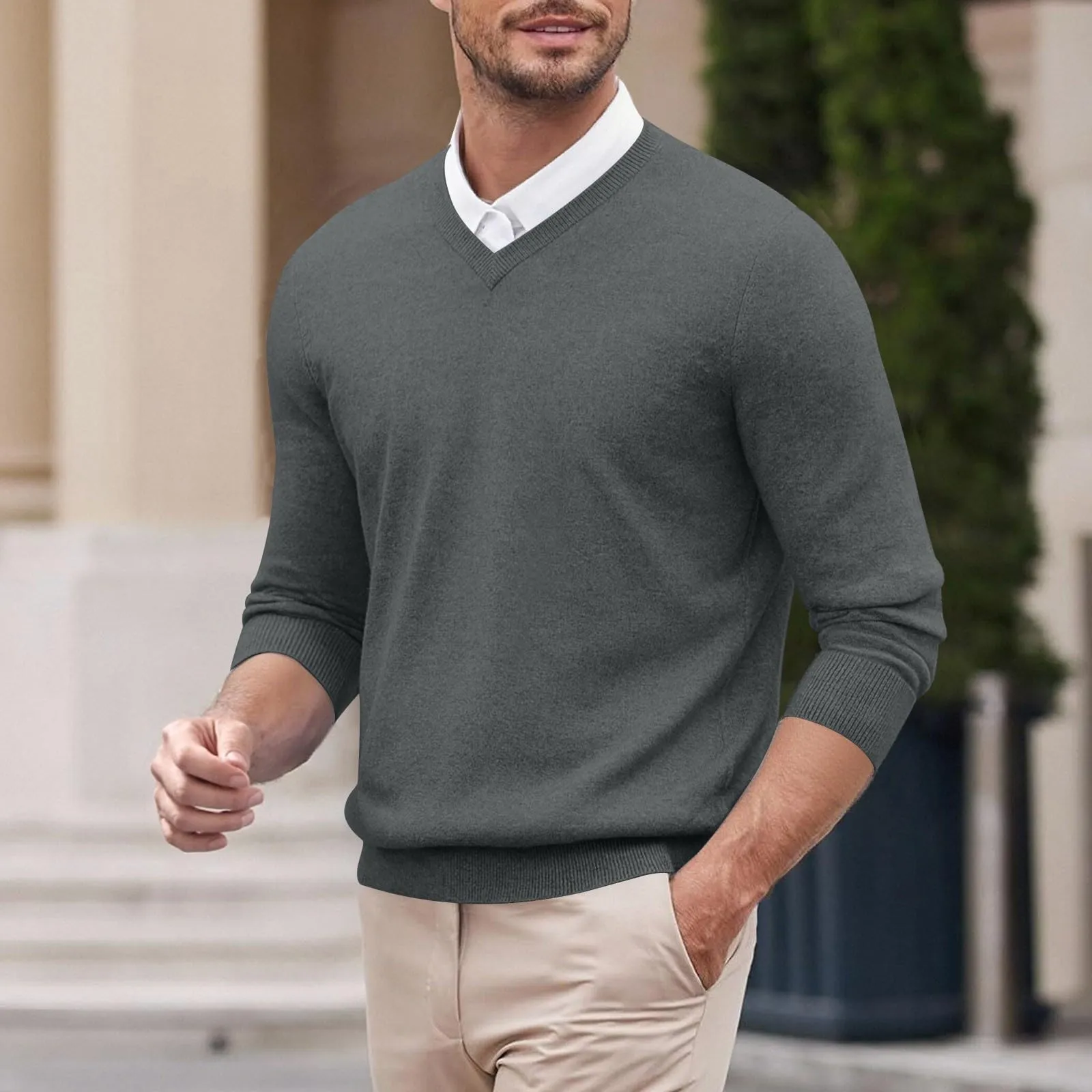 Duohropke Maglia a maniche lunghe da uomo con scollo a V, slim fit, tinta unita, grigio scuro, L - immagine 2
