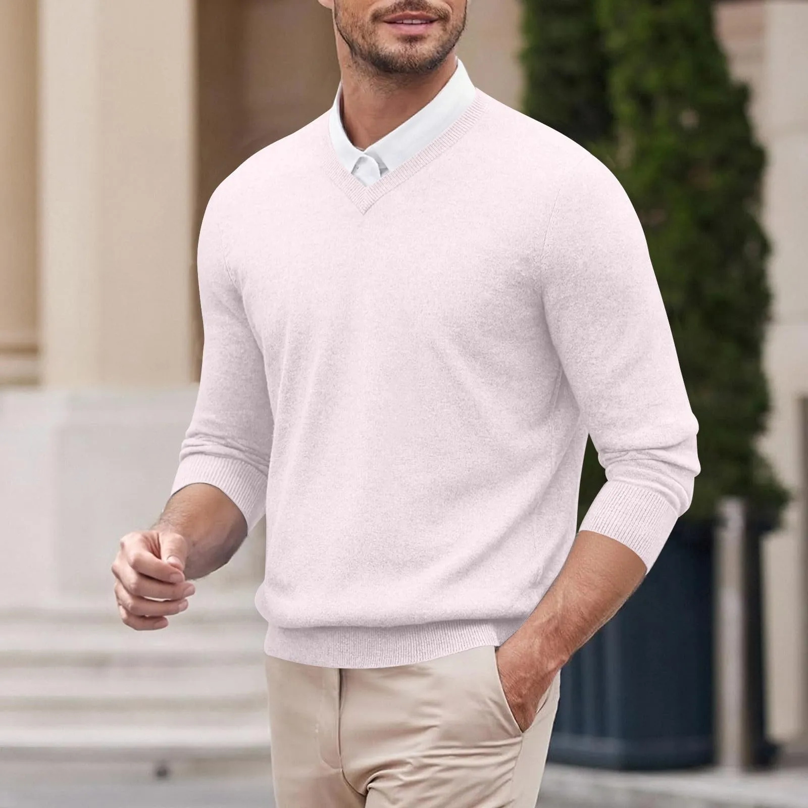 Duohropke Maglia a maniche lunghe uomo scollo a V slim fit tinta unita, beige, XL - immagine 2