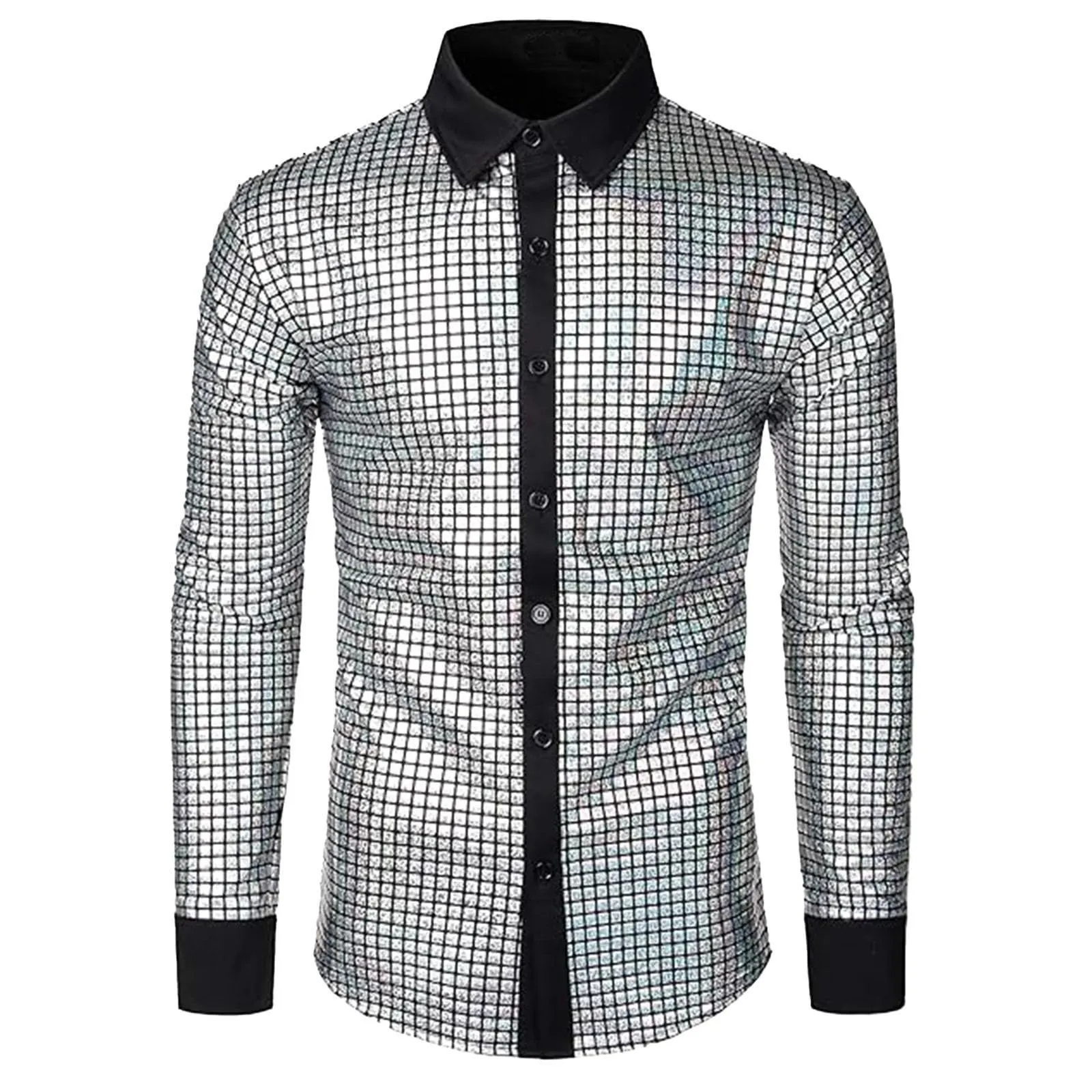 Mymyguoe Camicia da Uomo con Glitter a Maniche Corte Metallizzata, Grigio - immagine 4