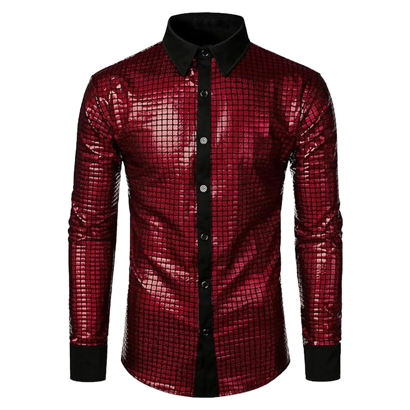 Mymyguoe Costume da Carnevale da Uomo con Camicia a Maniche Corte Metallizzata Lucida e Glitter, Rosso - immagine 2