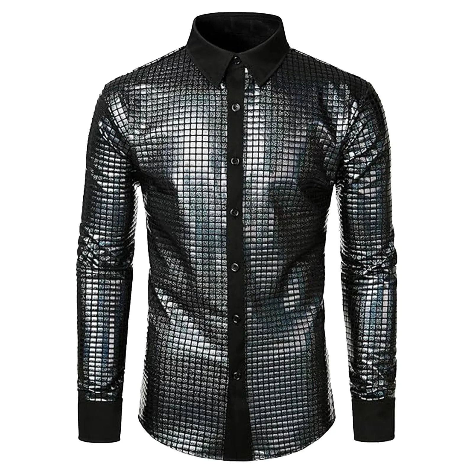 Mymyguoe Camicia da Carnevale Uomo Glitter Metallizzata a Maniche Corte, Nero - immagine 1