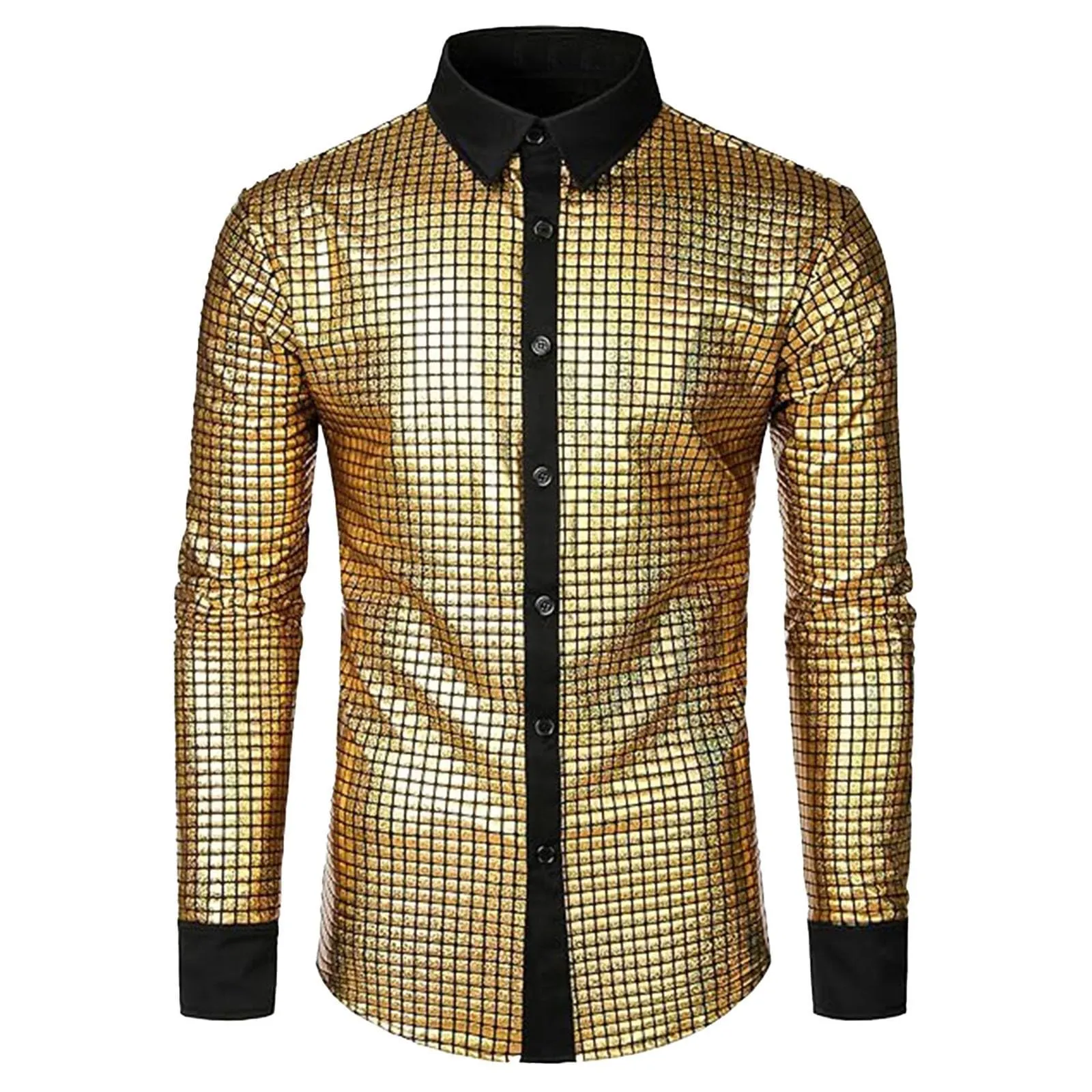 Mymyguoe Camicia a maniche corte metallizzata lucida con glitter, Giallo - immagine 2
