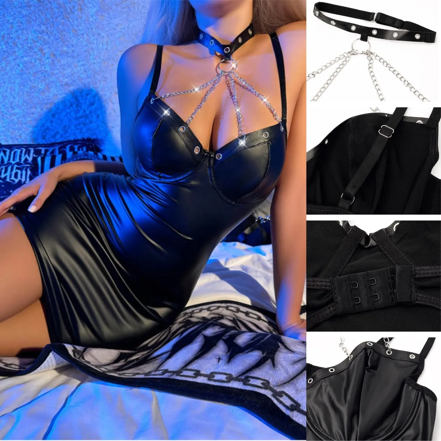 Gatamiau Abito da Donna in Similpelle Senza Maniche Wetlook Mini Bodycon Nero - immagine 5