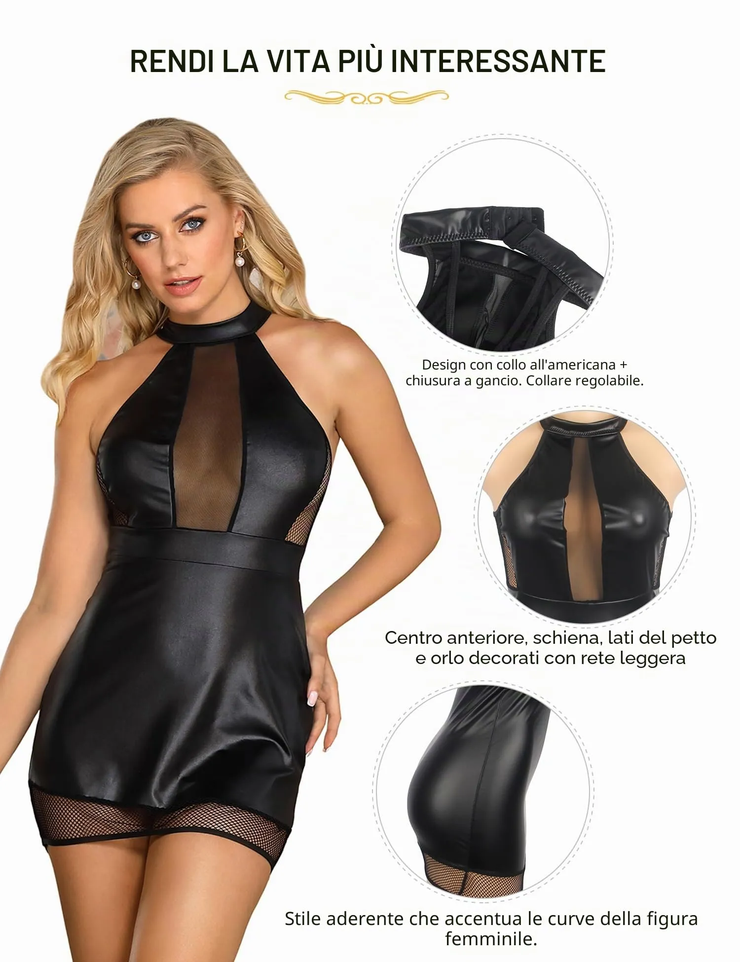 sunshinelady Negligee Bodycon Dress in pelle PU effetto bagnato senza maniche, nero, L - immagine 5