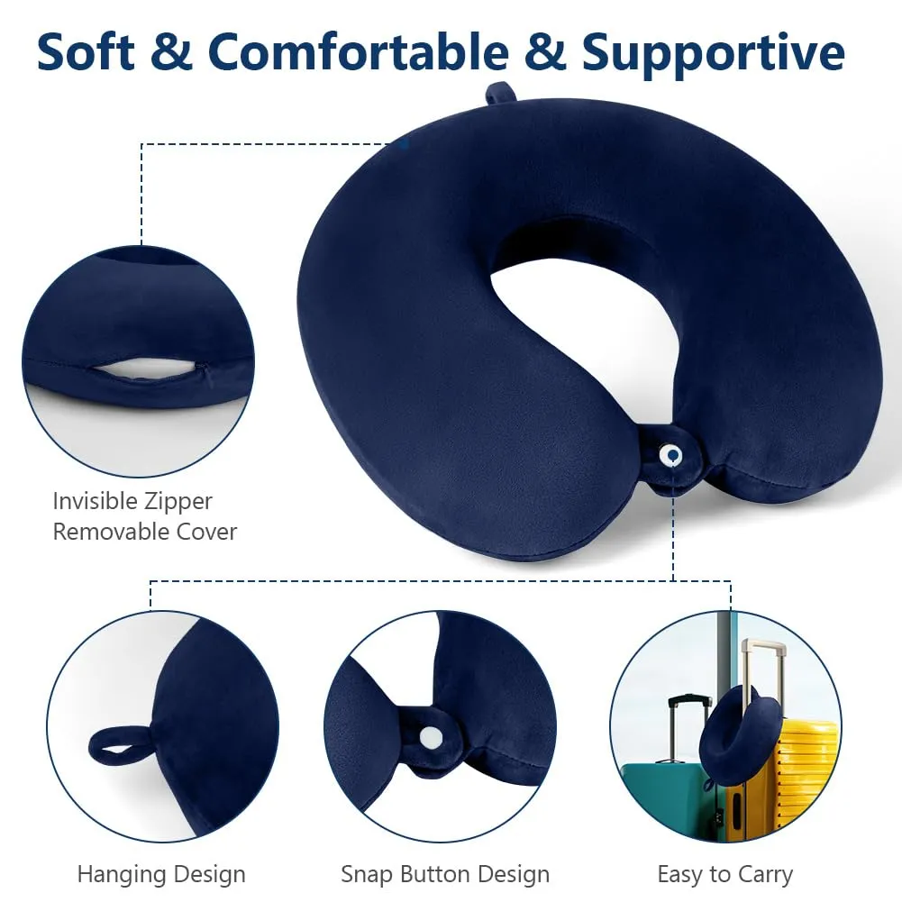 URAQT Cuscino da Viaggio in Memory Foam a Forma di U, Blu Navy - immagine 4