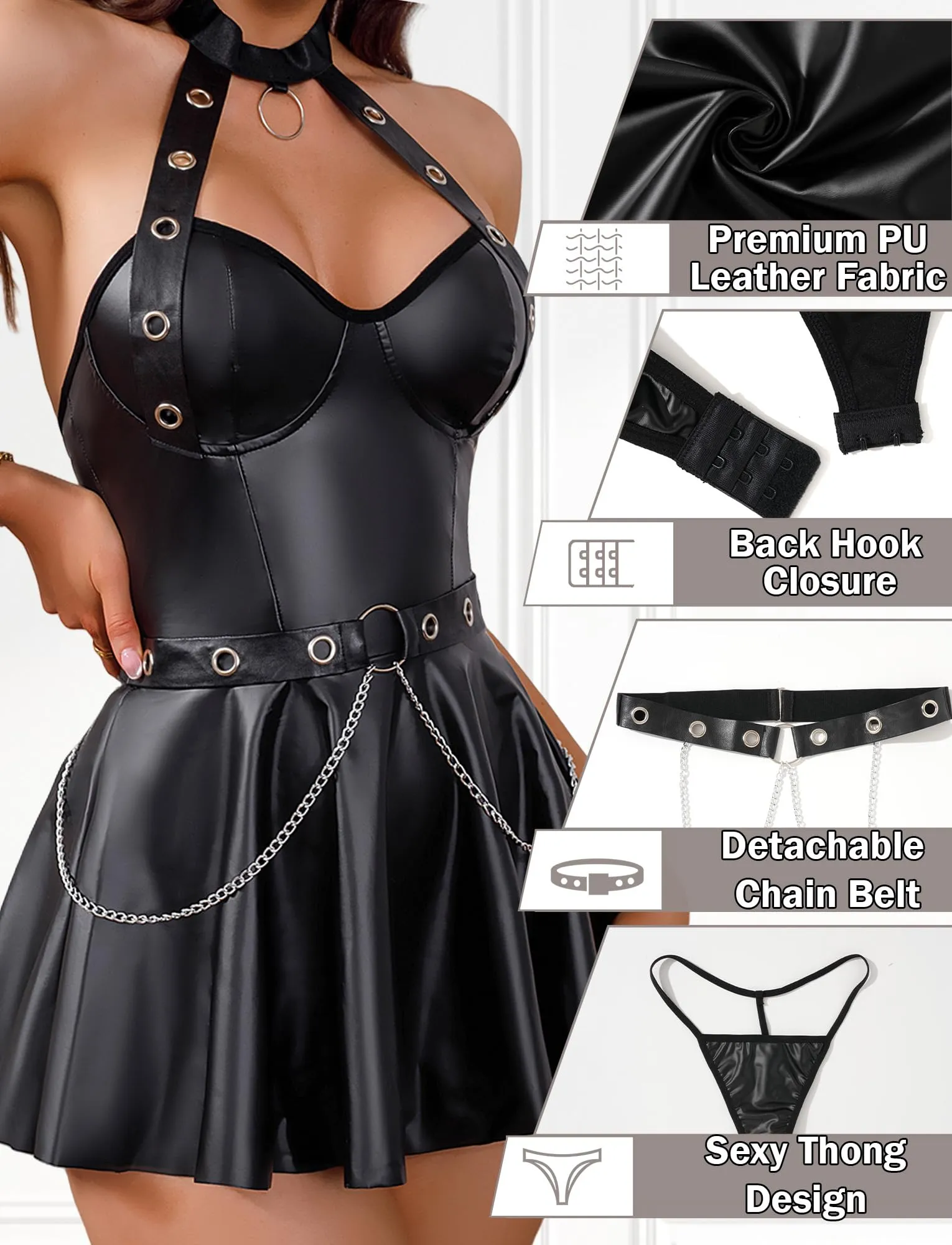 AIEOE Mini Abito in Finta Pelle Effetto Bagnato con Schiena Scoperta, Nero, L - immagine 5