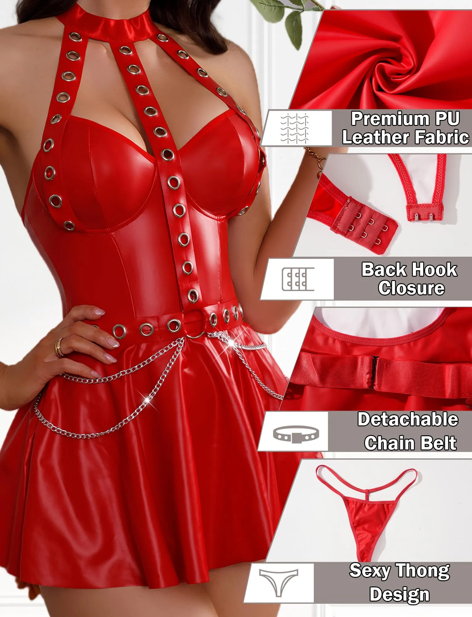 AIEOE Mini Abito in Finta Pelle Effetto Bagnato, Schiena Scoperta, Rosso, L - immagine 5