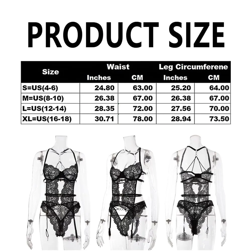 XFSRG Body Lingerie Donna in Pizzo Trasparente Teddy con Scollo a V e Dettagli Corsetto (Nero, M) - immagine 7