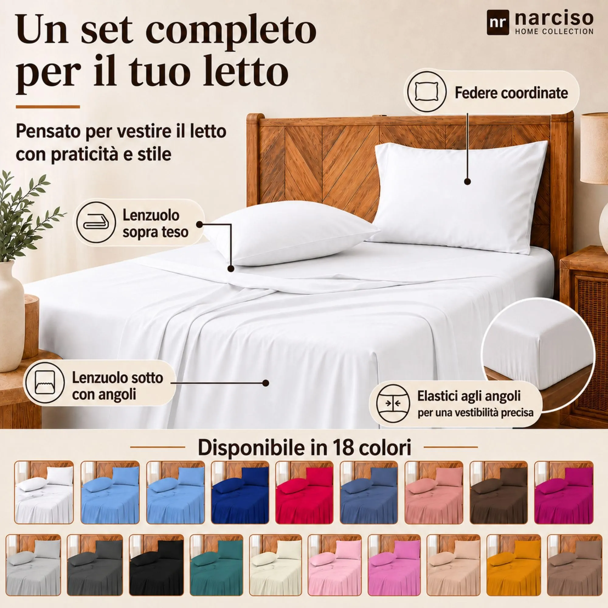 Narciso Completo Letto Singolo 100% Cotone, Grigio Chiaro - Include Lenzuolo Sotto con Angoli 90x200, Lenzuolo Sopra 150x290 e Federa 50x80cm - immagine 3