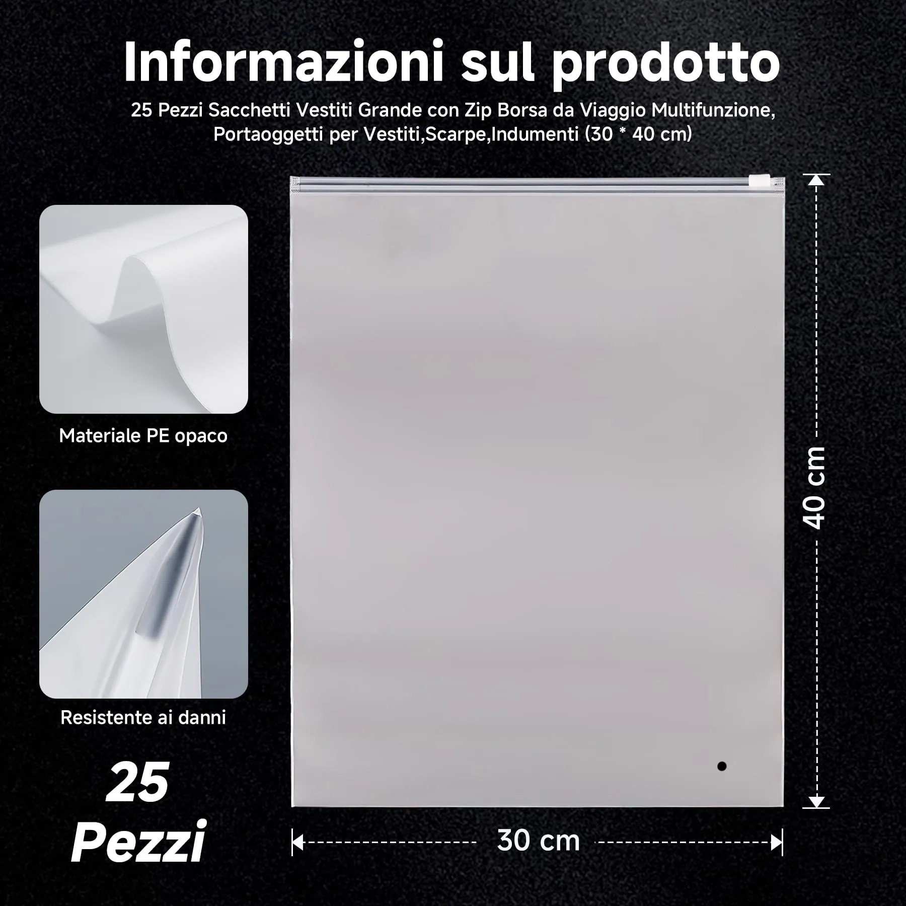 Engelblick DE Sacchetti per Vestiti con Zip 30x40cm, 25 Pezzi, Borse da Viaggio in Plastica Smerigliata, Organizer Riutilizzabili per Indumenti e Scarpe - immagine 2