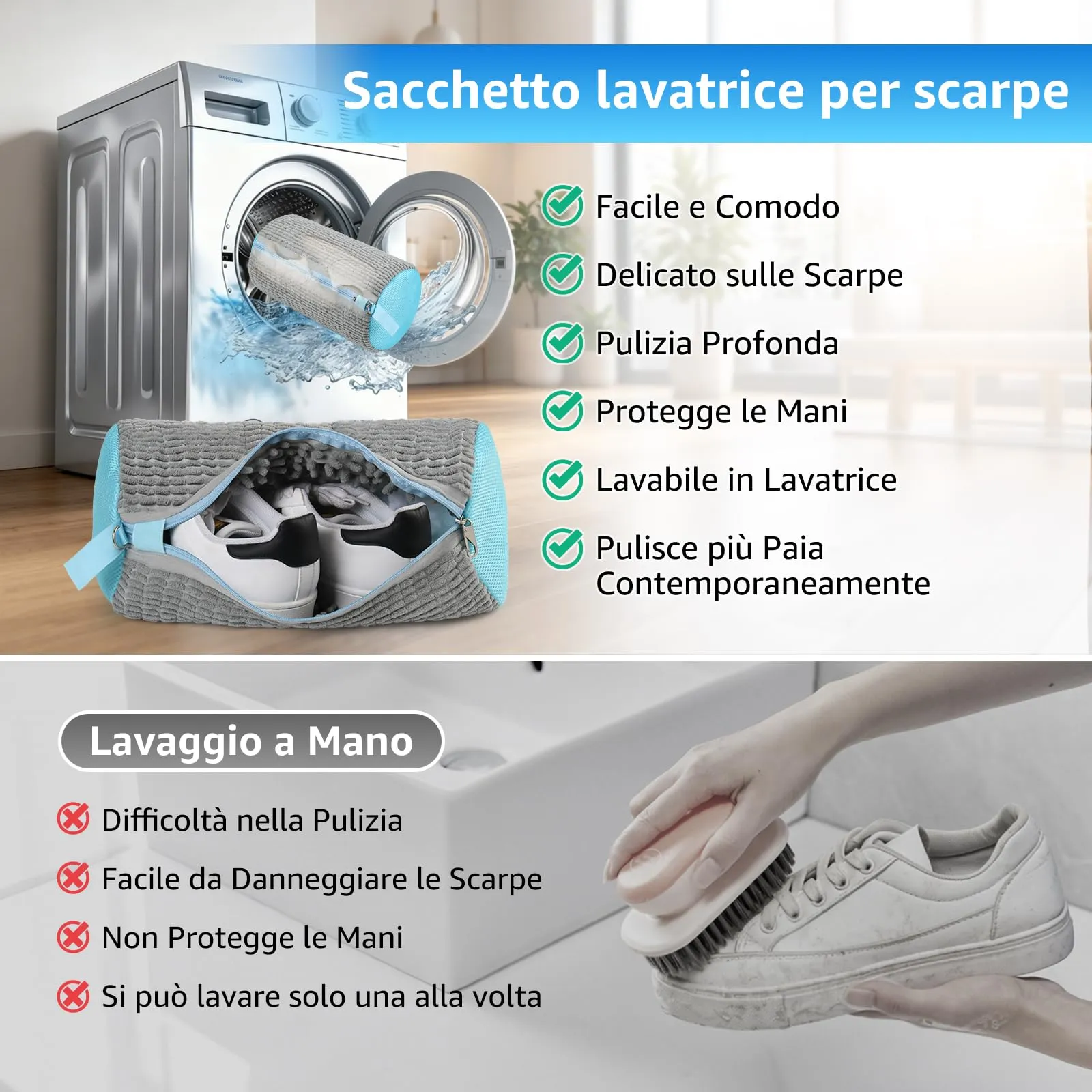 XACHE Sacchetti per Lavare Scarpe in Lavatrice con Zip Anti-Apertura, 2 Pezzi - Grigio - immagine 4