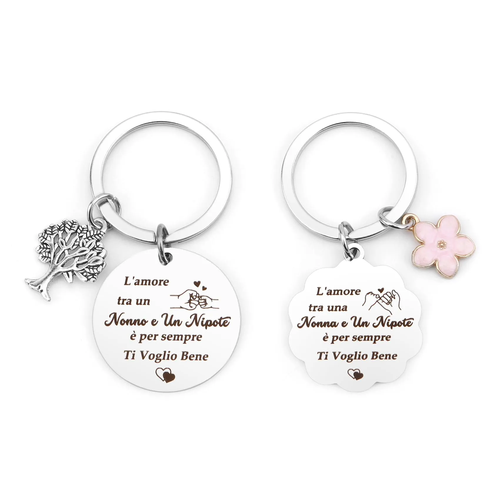 Portachiavi per Nonni Set da 2 Pezzi in Acciaio Inossidabile con Ciondolo Albero e Fiore - immagine 1