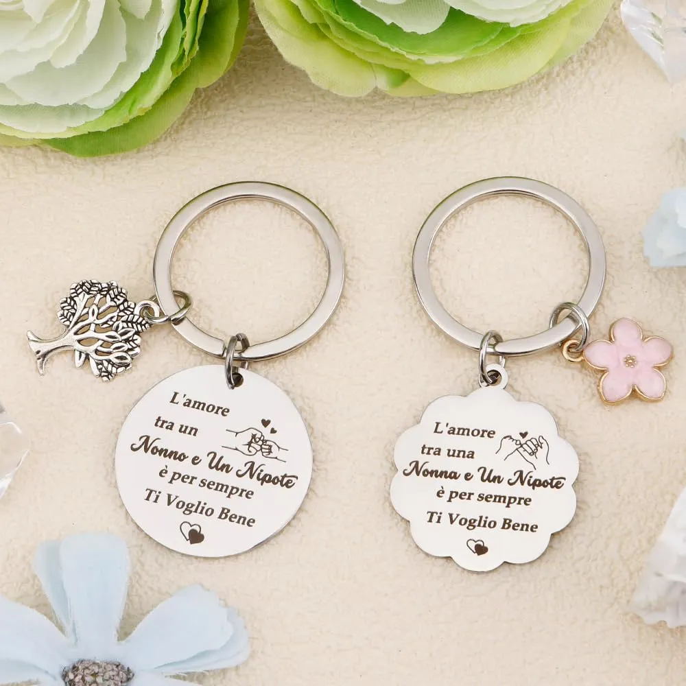 Portachiavi per Nonni Set da 2 Pezzi in Acciaio Inossidabile con Ciondolo Albero e Fiore - immagine 3