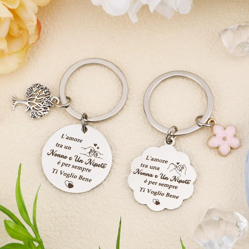 Portachiavi per Nonni Set da 2 Pezzi in Acciaio Inossidabile con Ciondolo Albero e Fiore - immagine 4