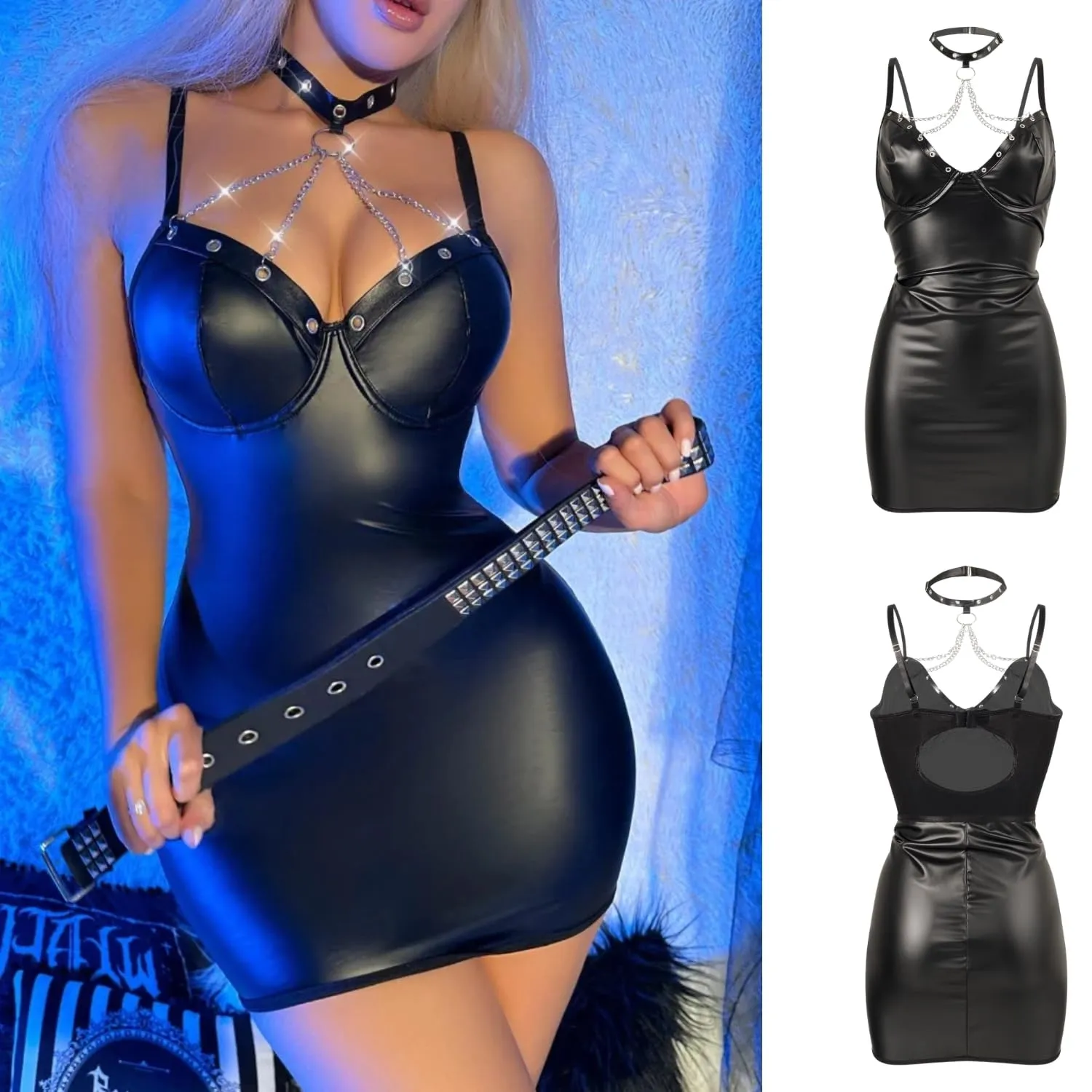 Gatamiau Abito da Donna in Similpelle Senza Maniche Wetlook Mini Dress Nero - immagine 4