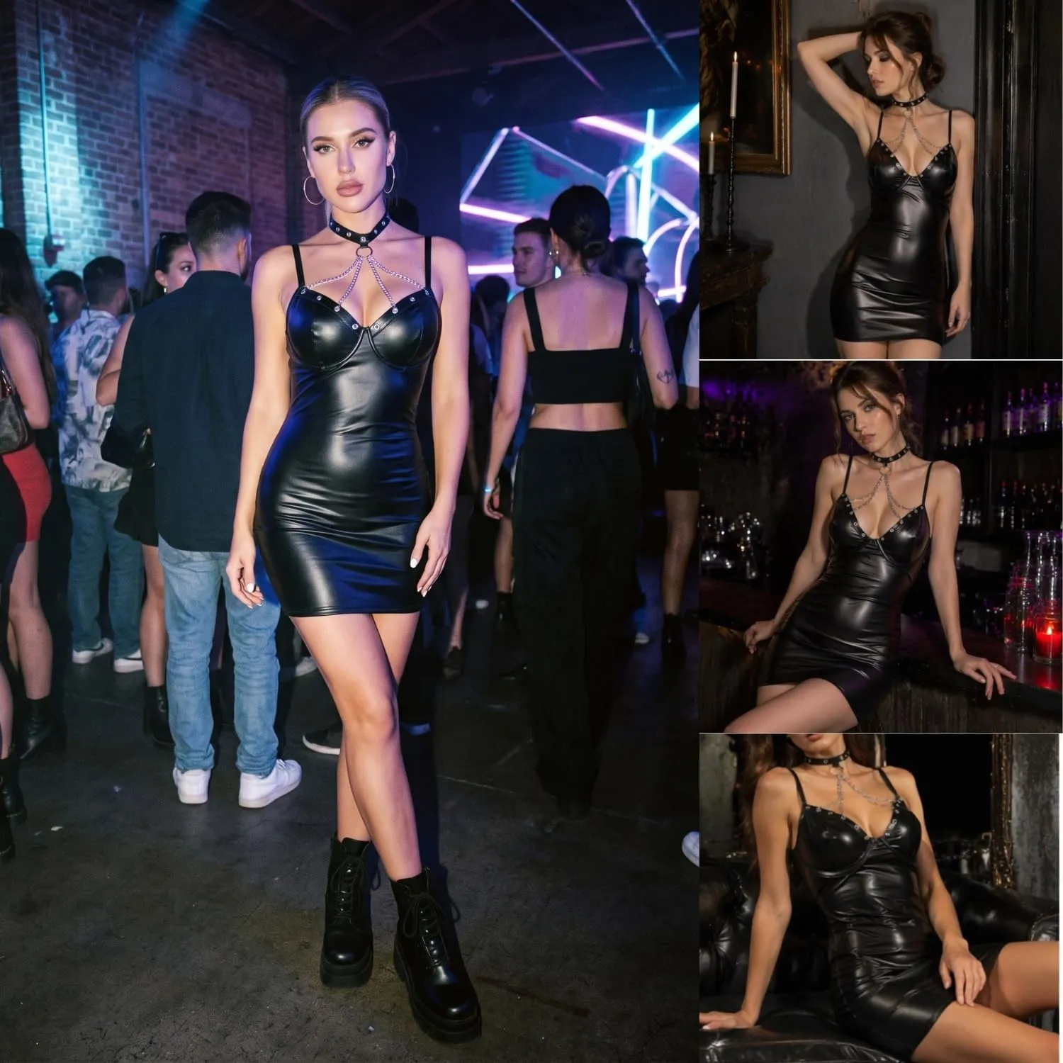 Gatamiau Abito da Donna in Similpelle Senza Maniche Effetto Bagnato Wetlook Mini Dress Nero - immagine 6
