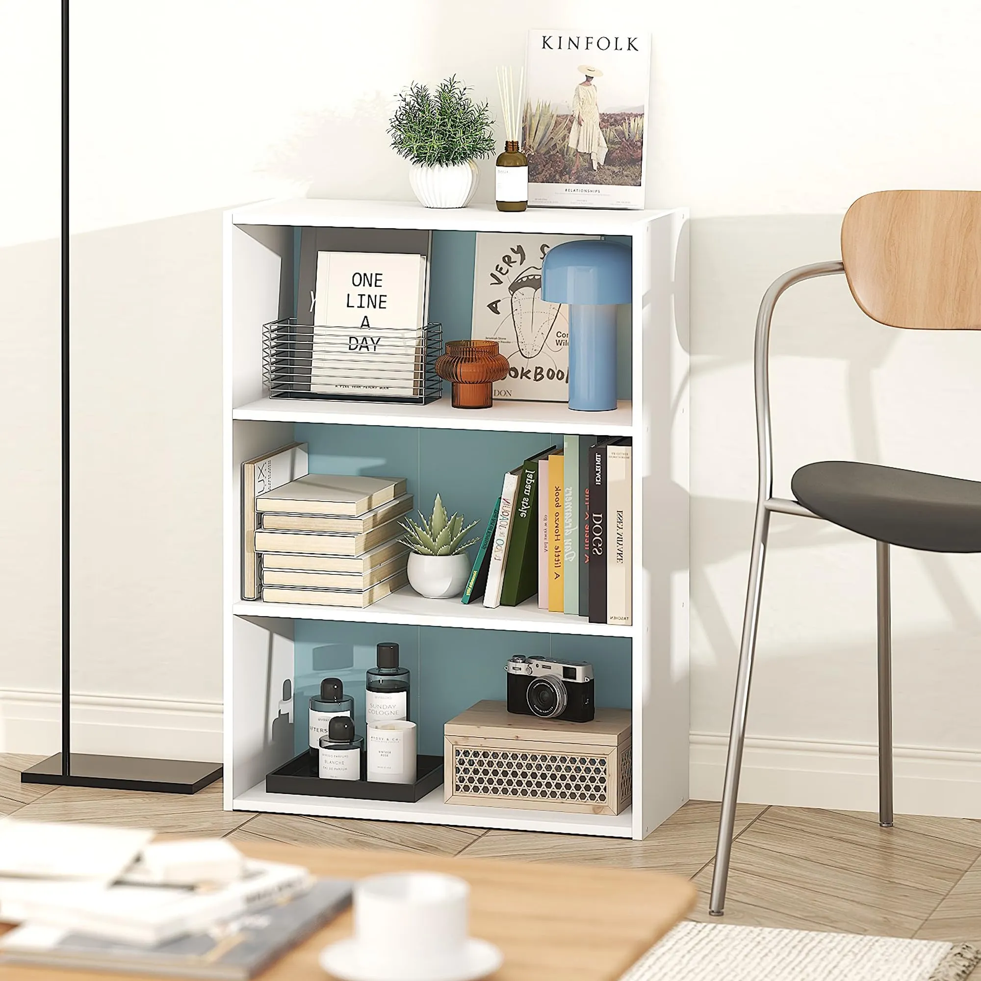 Furinno Pasir Libreria a 3 ripiani, Bianco/Blu Pastello - immagine 2