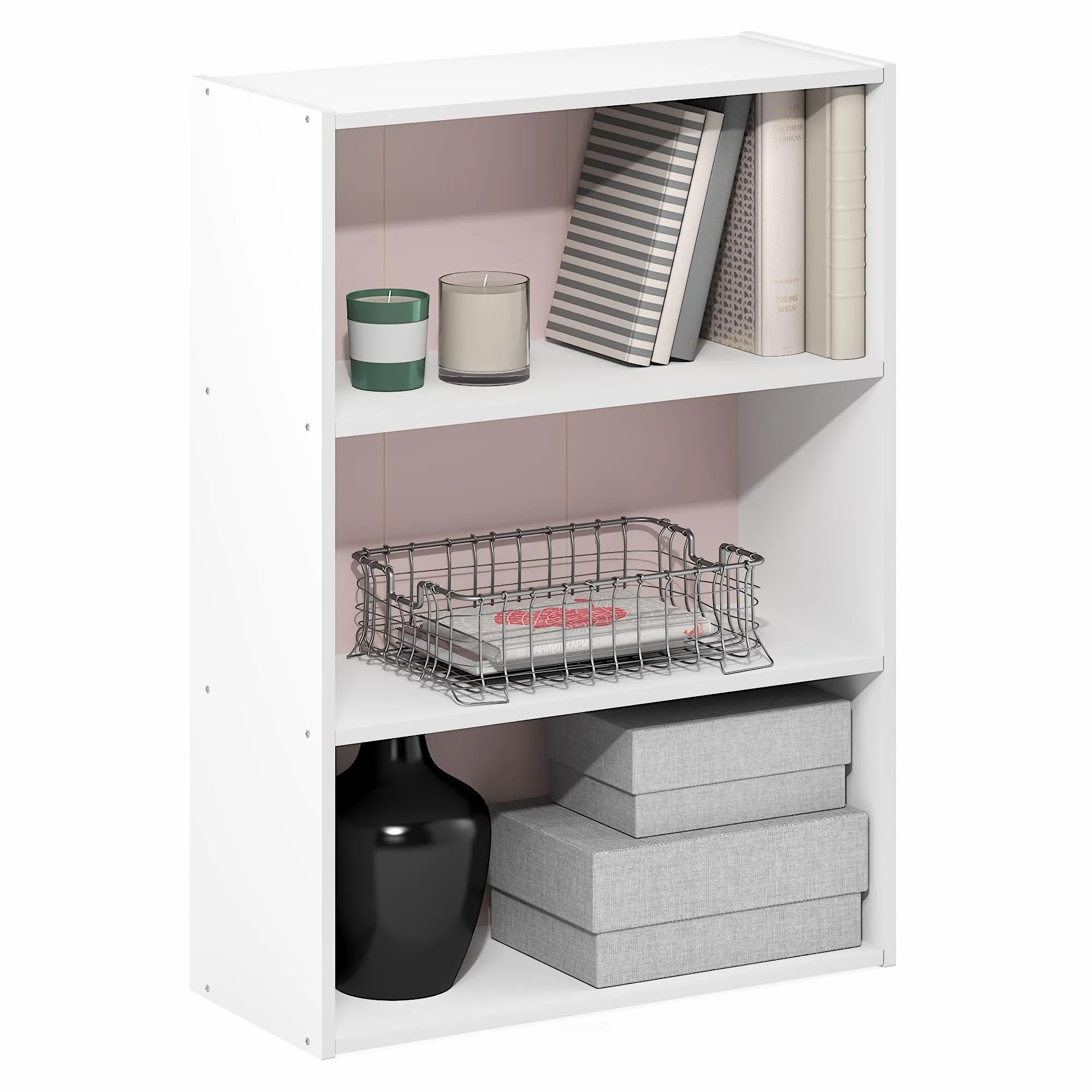 Furinno Pasir Libreria a 3 Ripiani, Bianco/Rosa Pastello - immagine 1