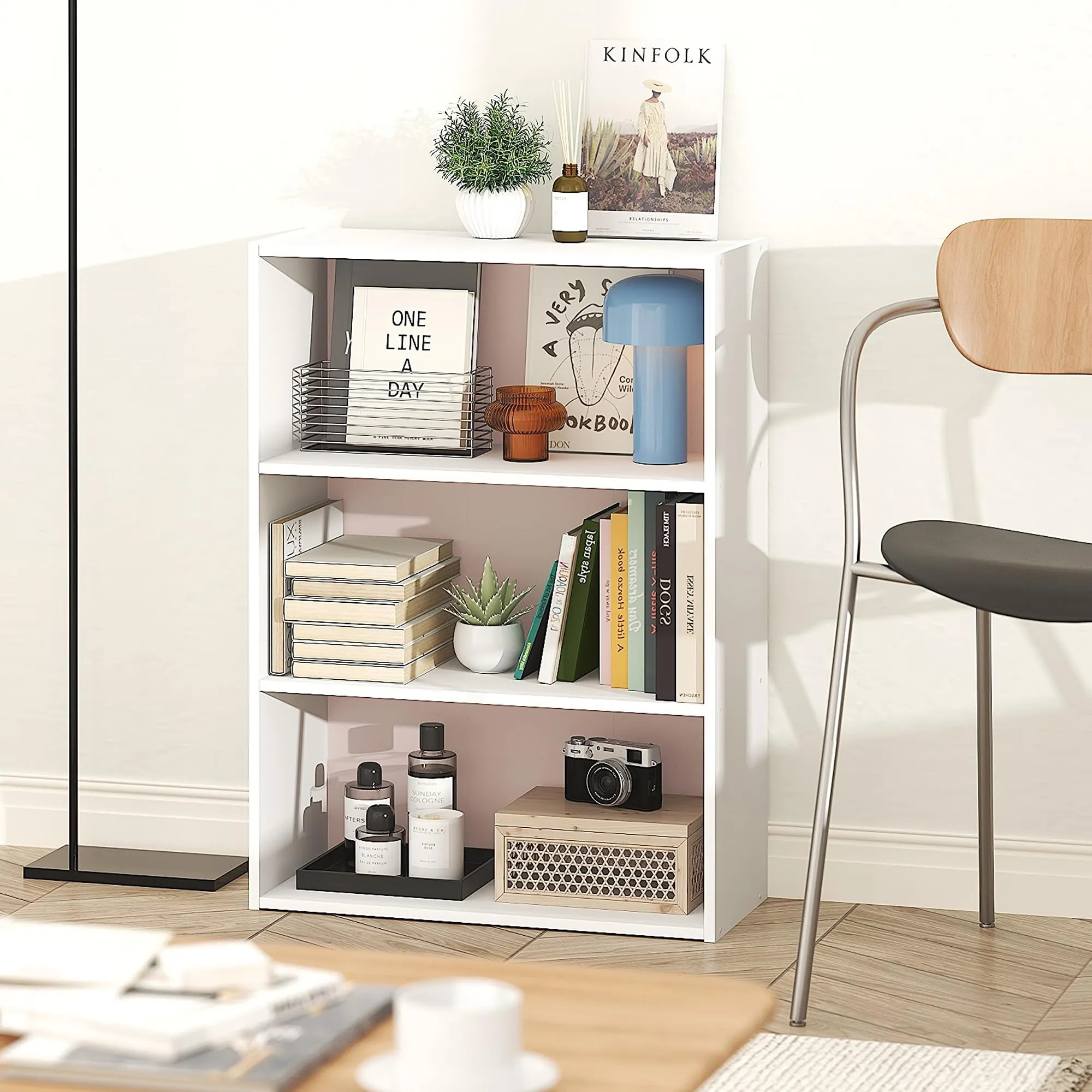 Furinno Pasir Libreria a 3 Ripiani, Bianco/Rosa Pastello - immagine 2