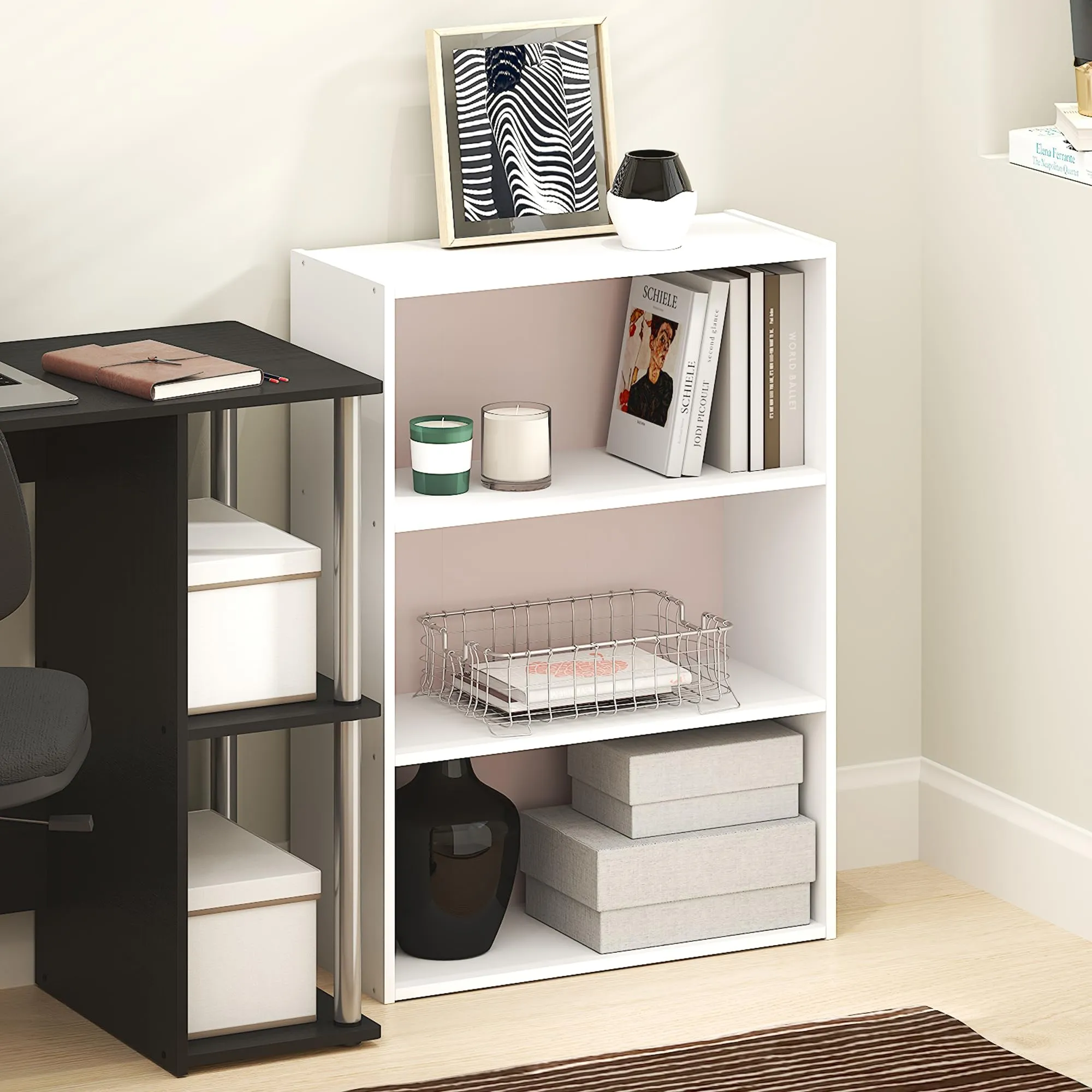Furinno Pasir Libreria a 3 Ripiani, Bianco/Rosa Pastello - immagine 9