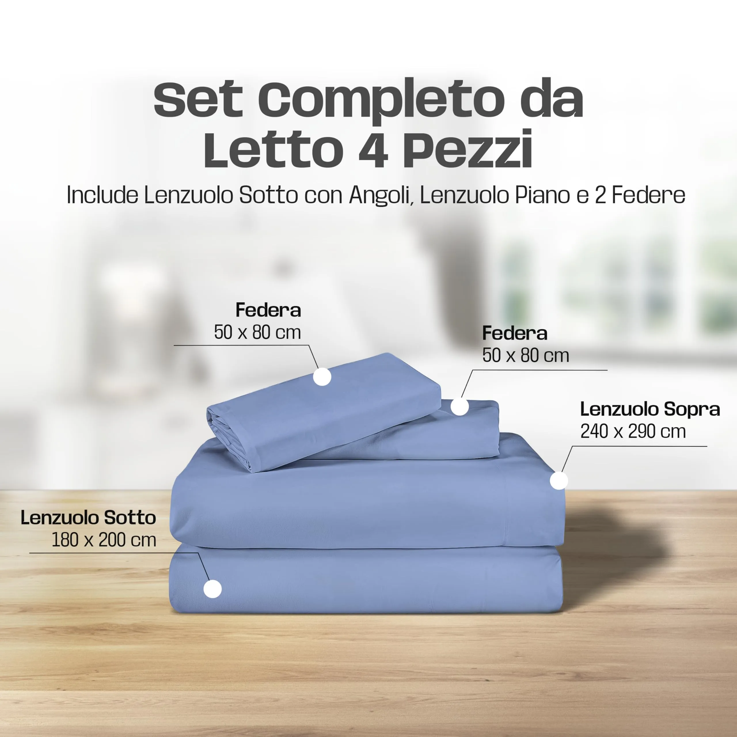 Narciso Lenzuola Matrimoniali 100% Cotone, Completo Letto Matrimoniale con Lenzuolo Sotto con Angoli 180x200, Lenzuolo Sopra 240x290 e 2 Federe 50x80cm, Azzurro - immagine 2