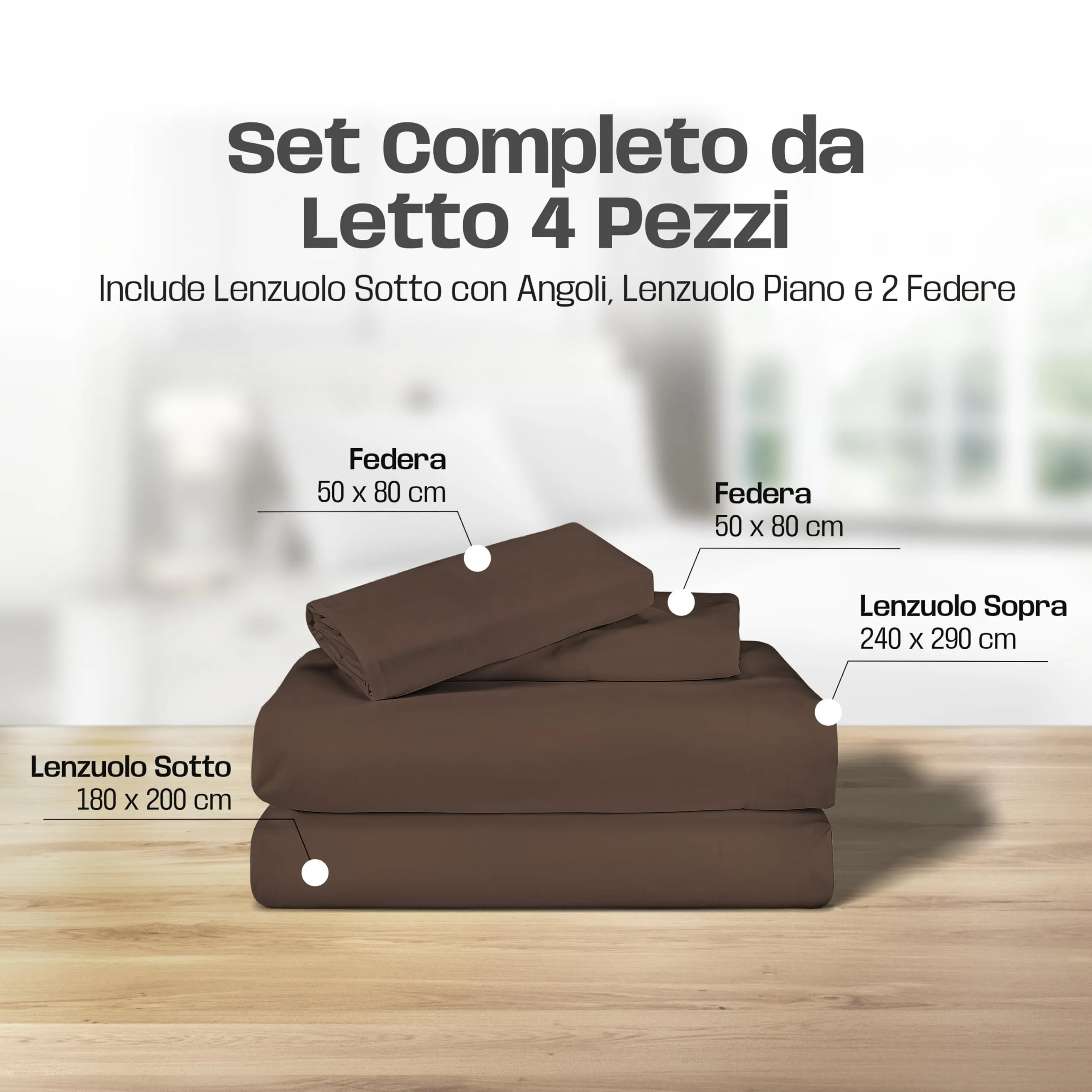 Narciso Lenzuola Matrimoniali 100% Cotone Made in Italy, Completo Letto con Lenzuolo Sotto 180x200, Lenzuolo Sopra 240x290 e 2 Federe 50x80cm (Fango) - immagine 2