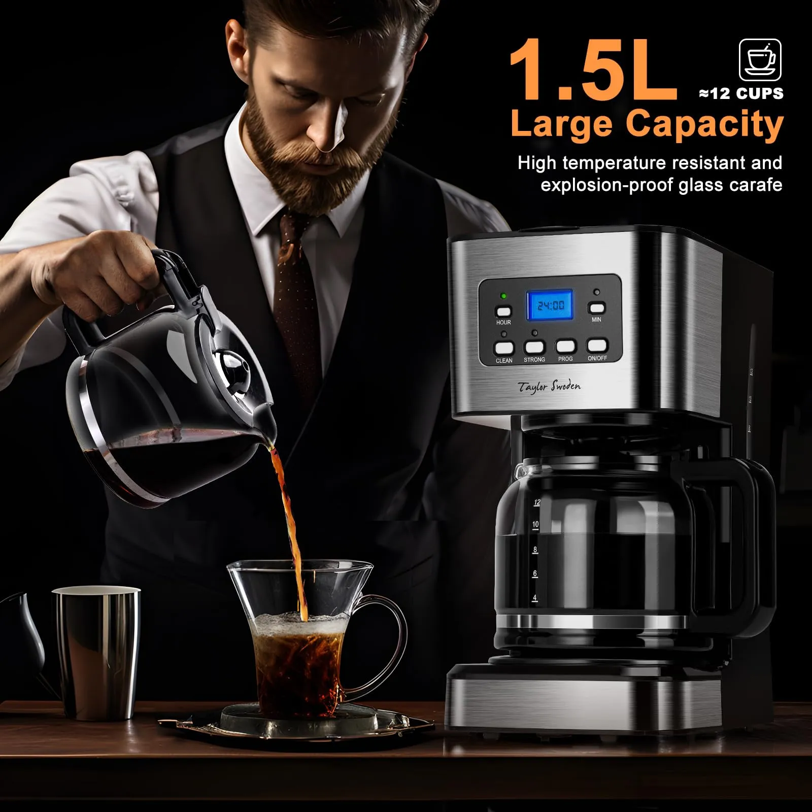 Taylor Swoden Darcy Macchina da caffè Americano 950W, 12 tazze, 1.5L, filtro riutilizzabile, timer e sistema antigoccia - immagine 2