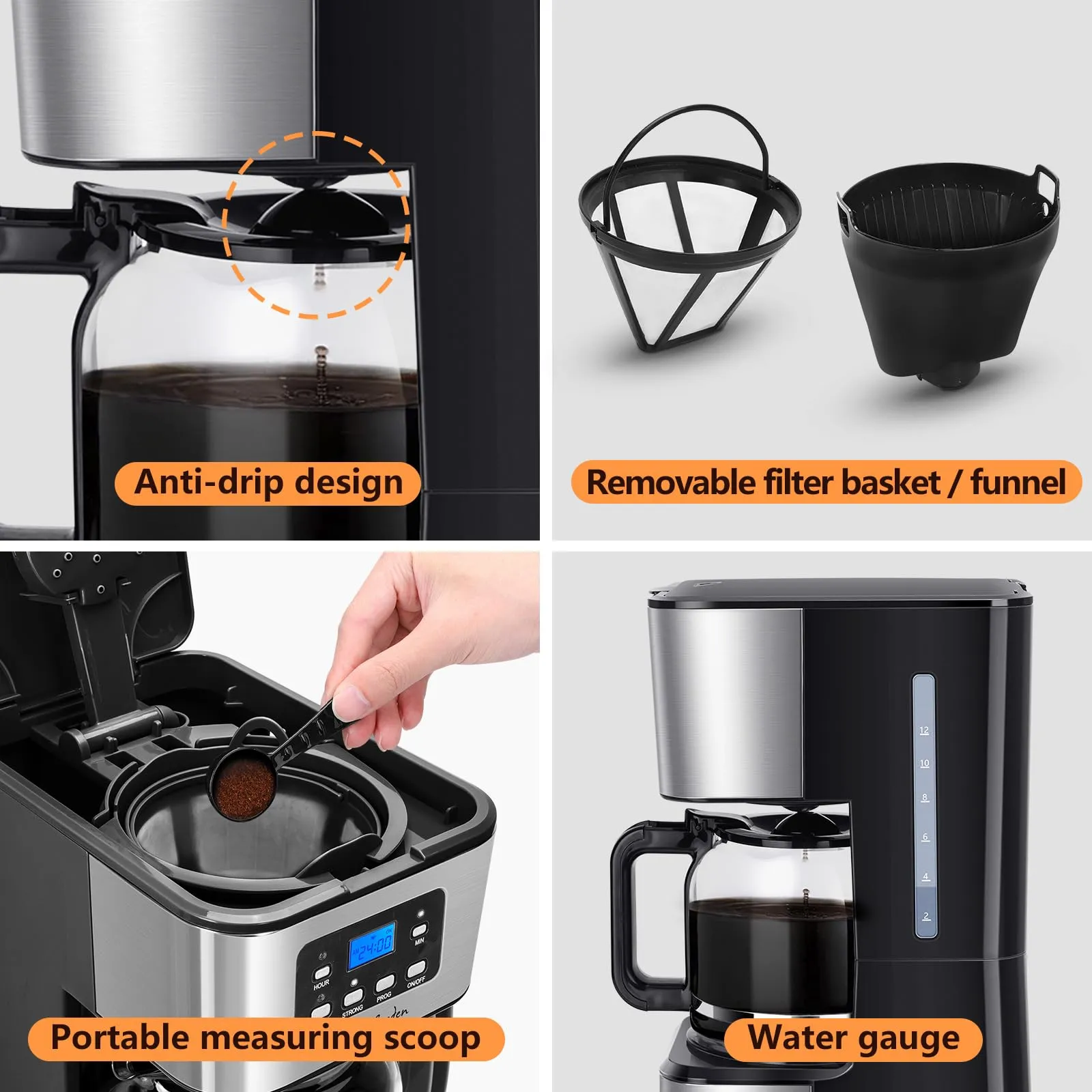Taylor Swoden Darcy Macchina da caffè Americano 950W, 12 tazze, 1.5L, filtro riutilizzabile, timer e sistema antigoccia - immagine 8