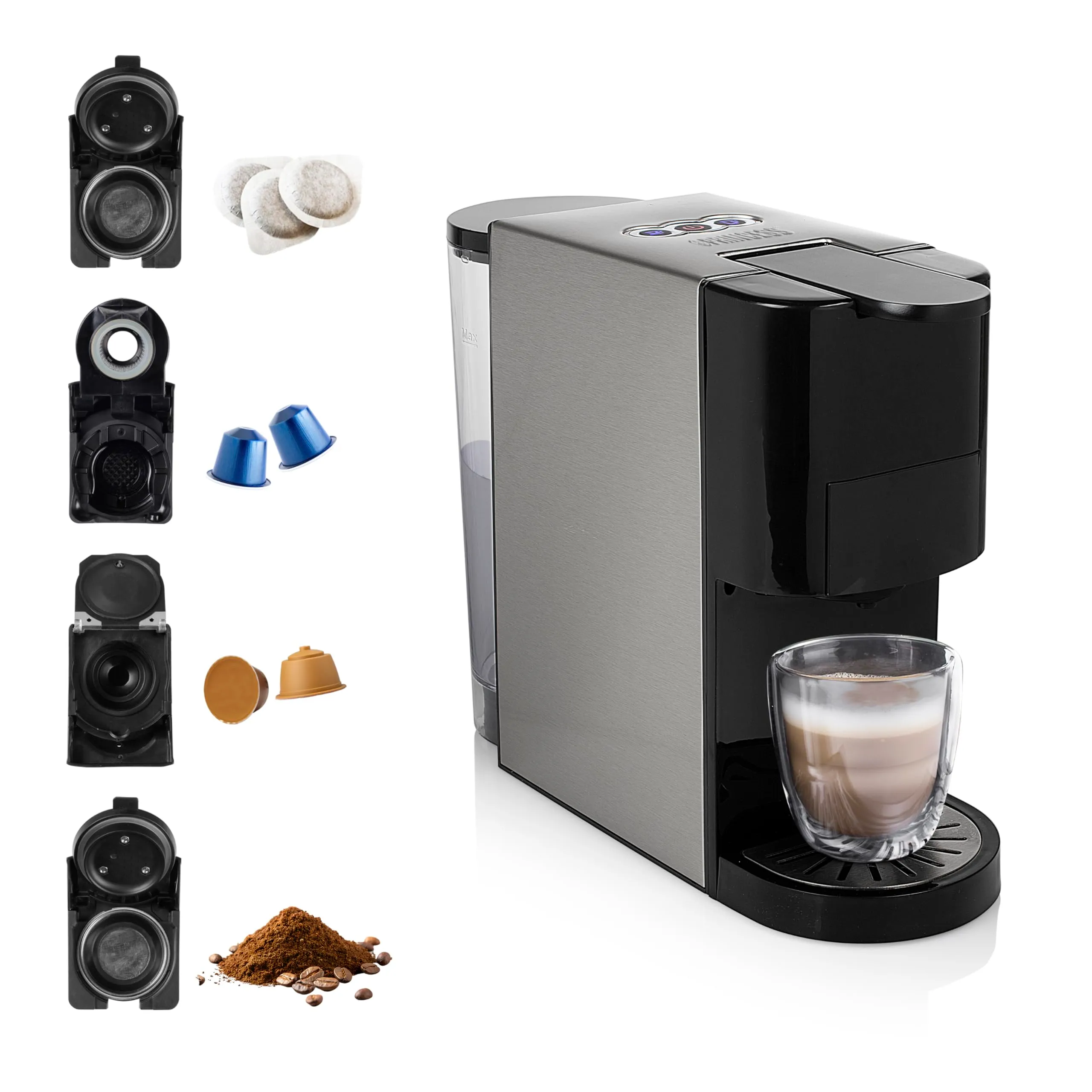 Princess 01.249450.01.001 Caffettiera Multifunzione 4 in 1, Compatibile con capsule Nespresso, Dolce Gusto, cialde ESE e caffè macinato, 19 bar, Nero e Argento, 800 ml - immagine 1