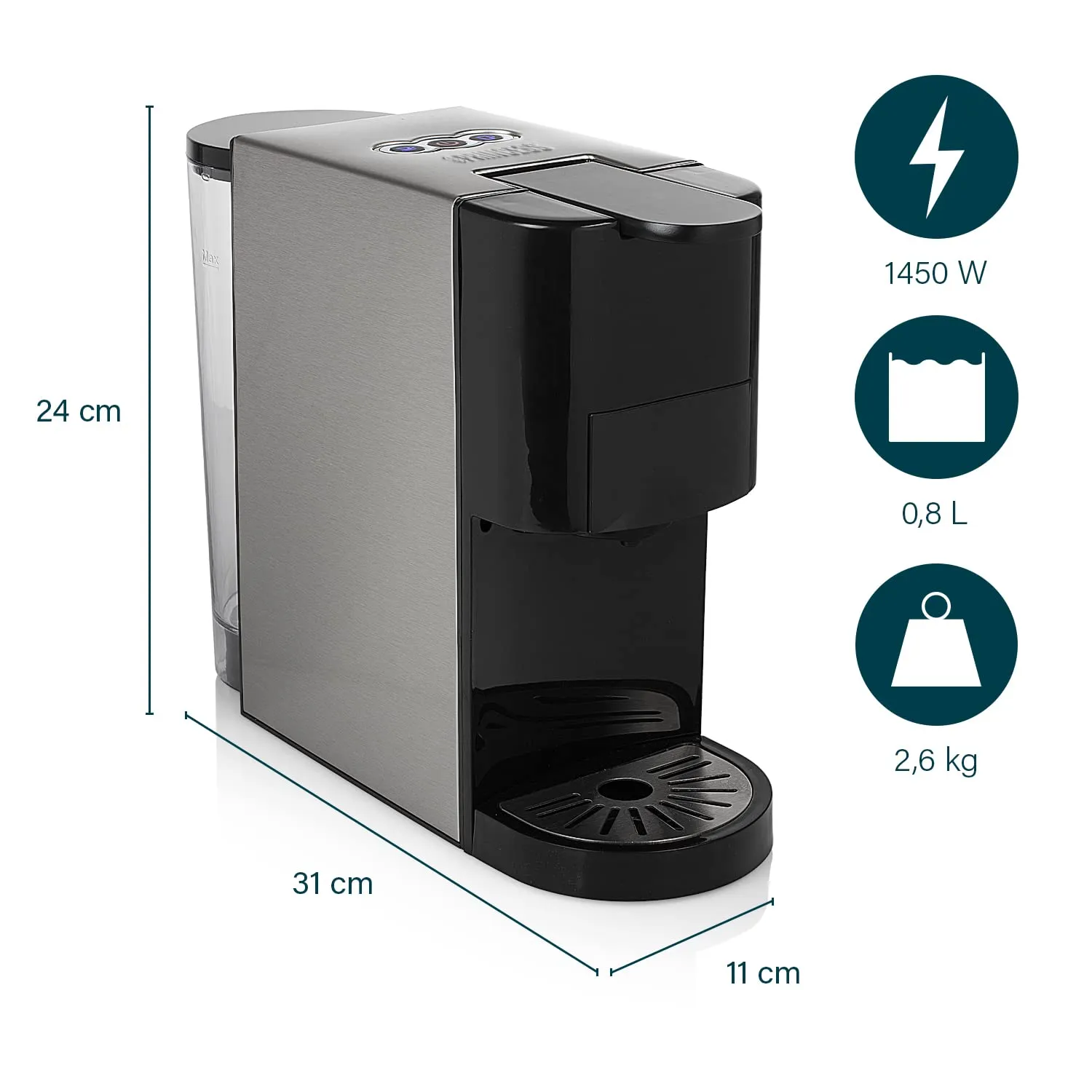 Princess 01.249450.01.001 Caffettiera Multifunzione 4 in 1, Compatibile con capsule Nespresso, Dolce Gusto, cialde ESE e caffè macinato, 19 bar, Nero e Argento, 800 ml - immagine 2