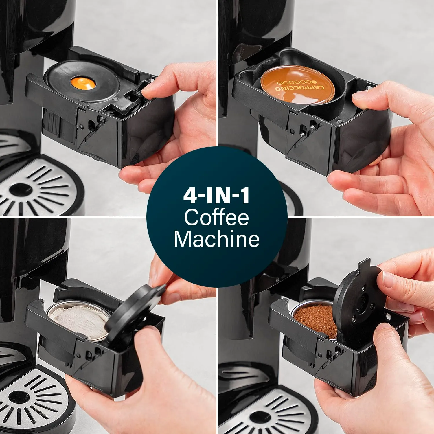 Princess 01.249450.01.001 Caffettiera Multifunzione 4 in 1, Compatibile con capsule Nespresso, Dolce Gusto, cialde ESE e caffè macinato, 19 bar, Nero e Argento, 800 ml - immagine 4