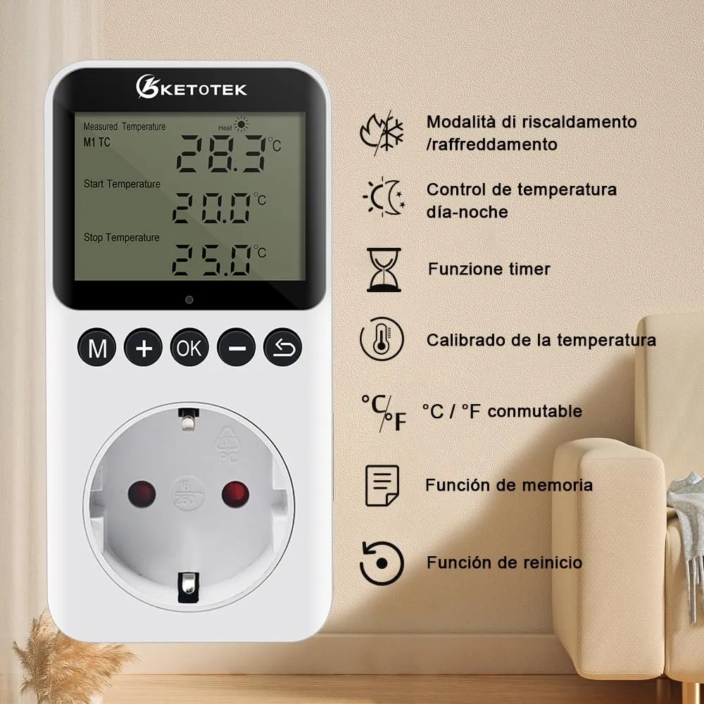 KETOTEK KT3200 Presa Termostato Temporizador Giorno Notte Regolatore di Temperatura Digitale con Sonda 220V - immagine 2