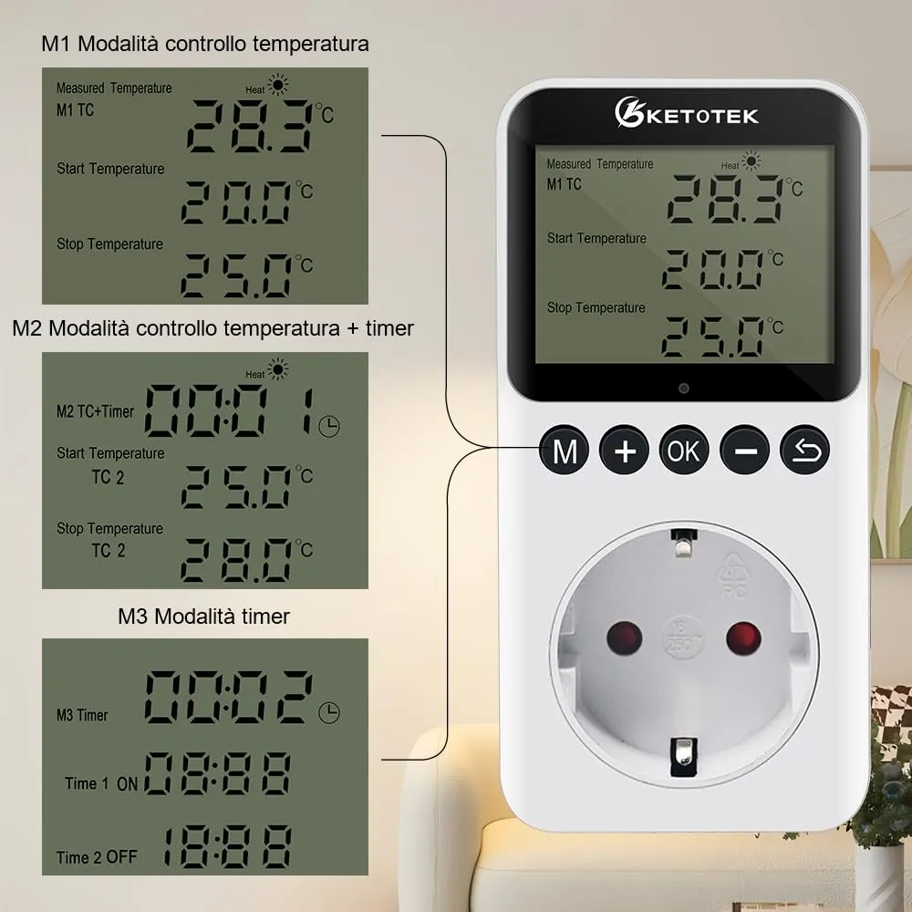 KETOTEK KT3200 Presa Termostato Temporizador Giorno Notte Regolatore di Temperatura Digitale con Sonda 220V - immagine 3